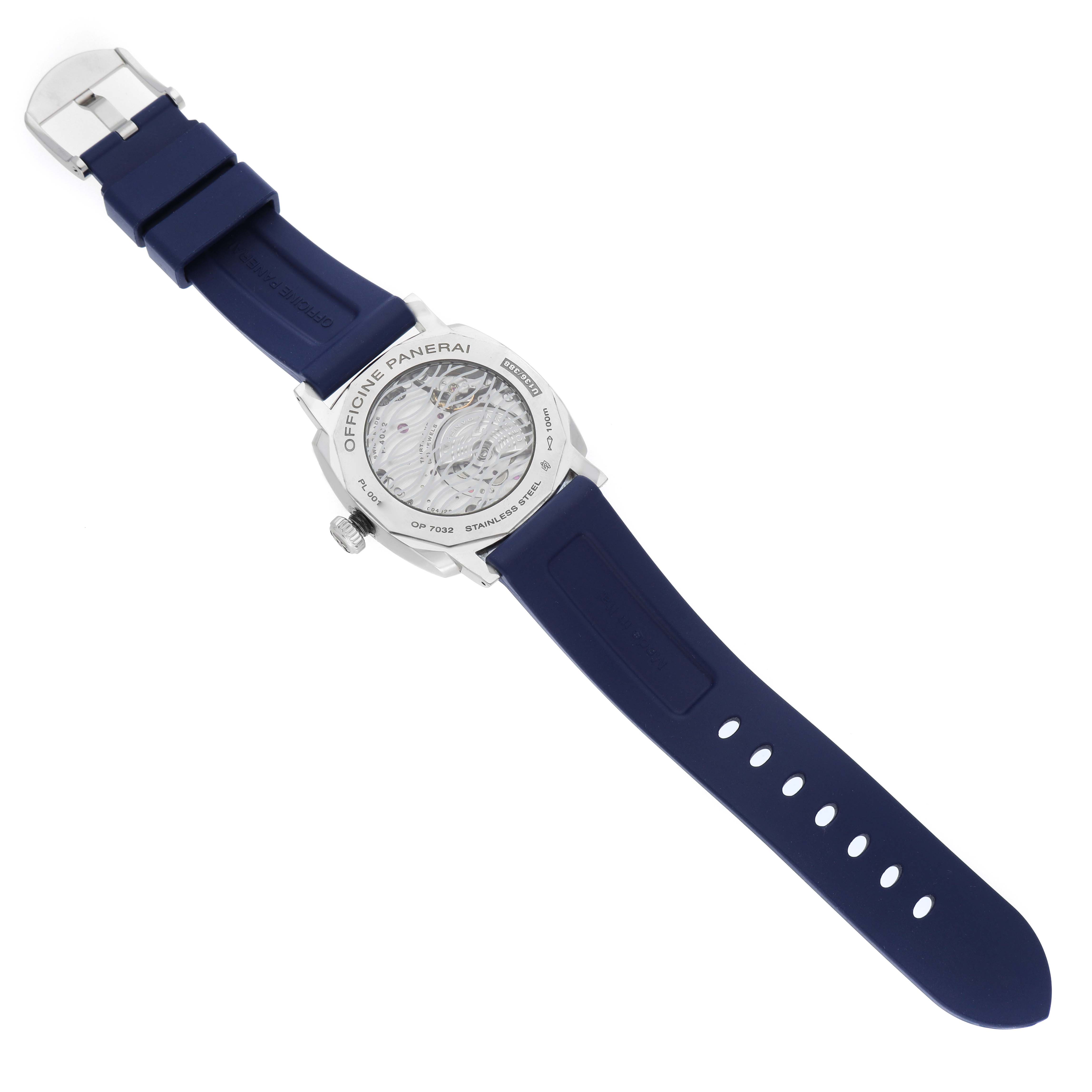 The image shows the back of a Panerai Radiomir PAM00946 Men's Stainless Steel Blue Dial watch, highlighting the caseback and blue strap.