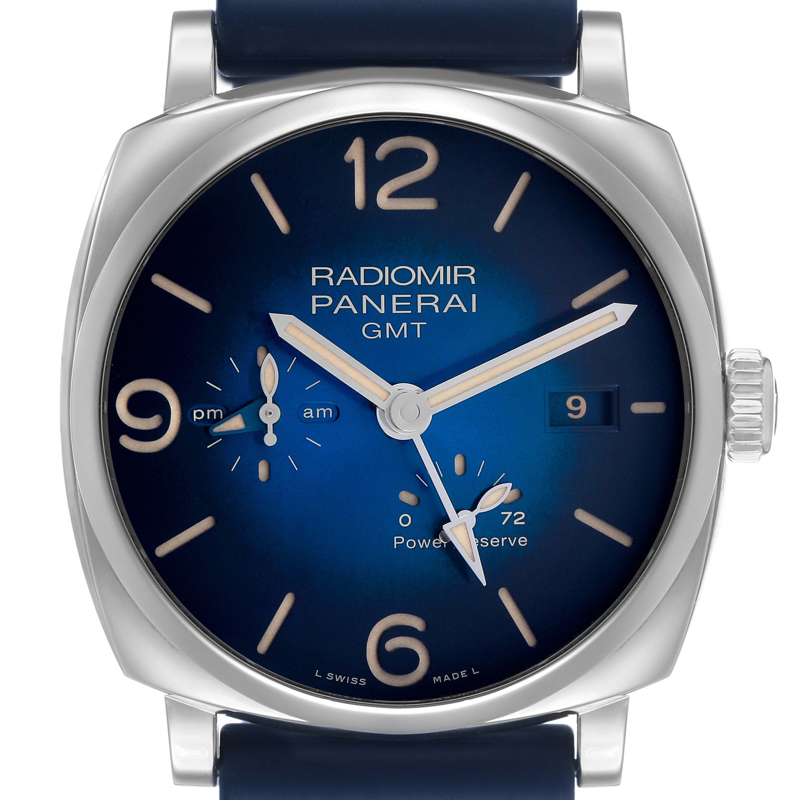 The Panerai Radiomir PAM00946 Men's Stainless Steel Blue Dial watch is shown from the front, displaying the dial, hands, markers, crown, and strap attachment.