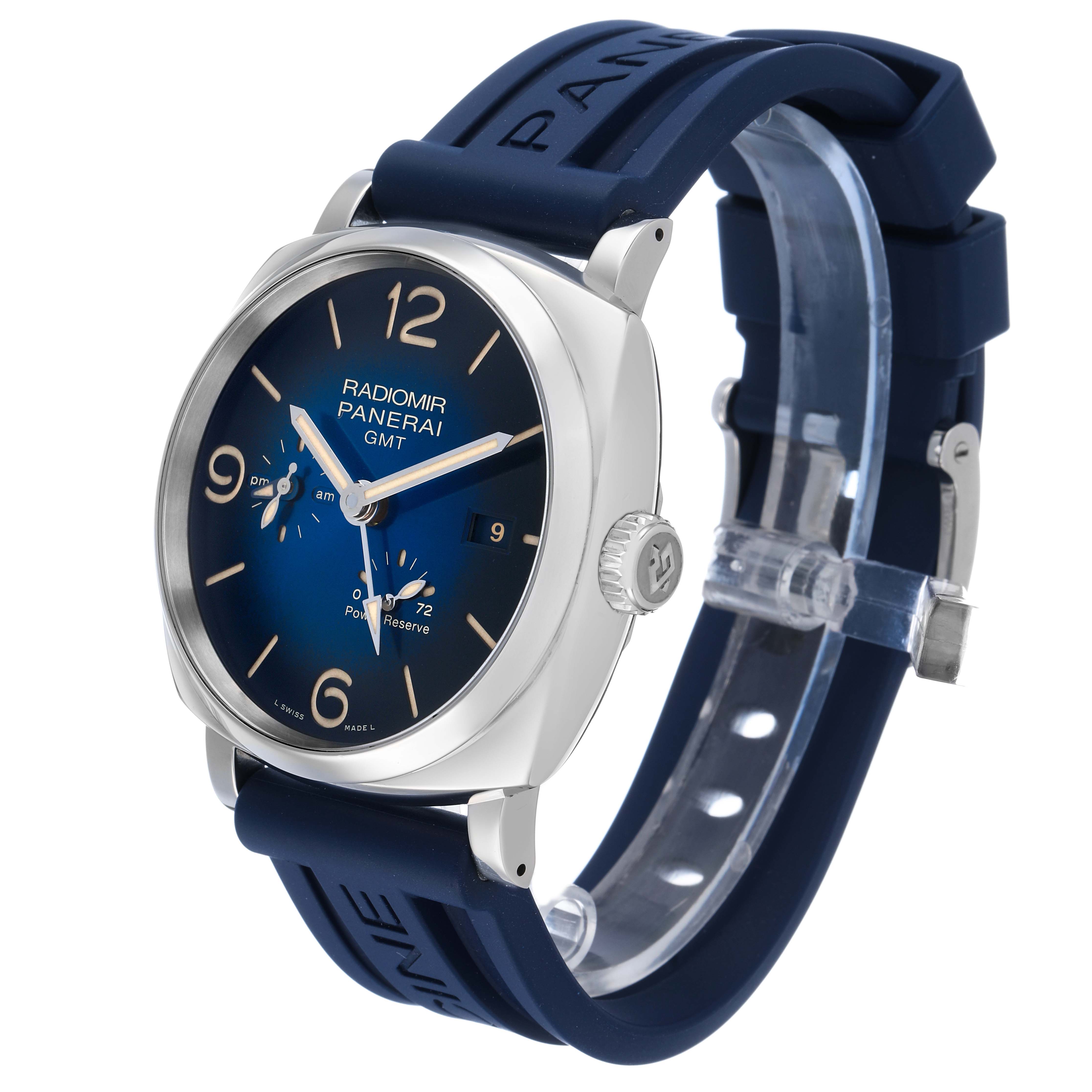 The Panerai Radiomir PAM00946 Men's Stainless Steel Blue Dial watch is shown at a three-quarter angle, displaying its blue dial, blue strap, and crown.