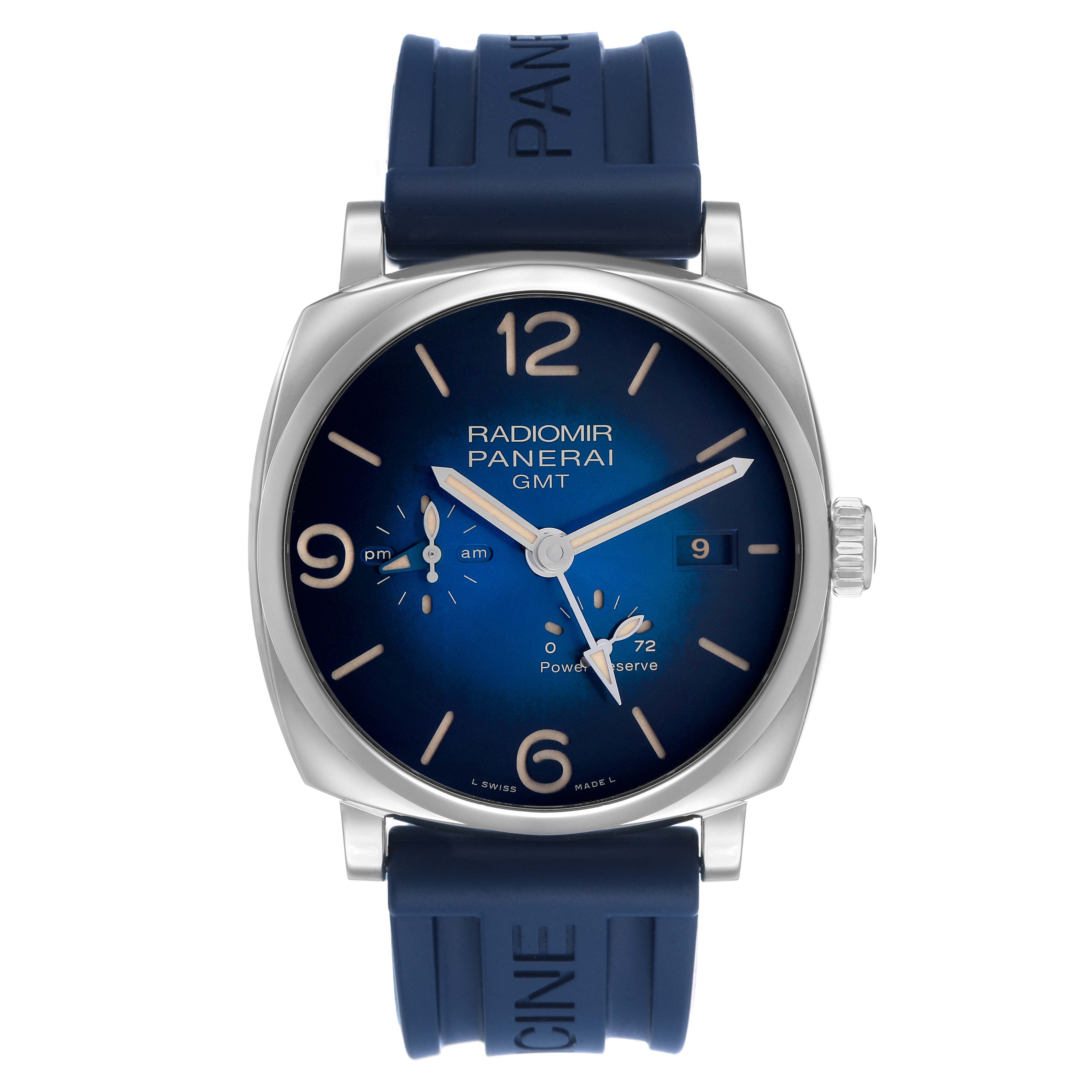 The Panerai Radiomir PAM00946 Men's Stainless Steel Blue Dial watch is shown from the front, displaying the dial, hands, date, and power reserve indicator, with a blue strap.