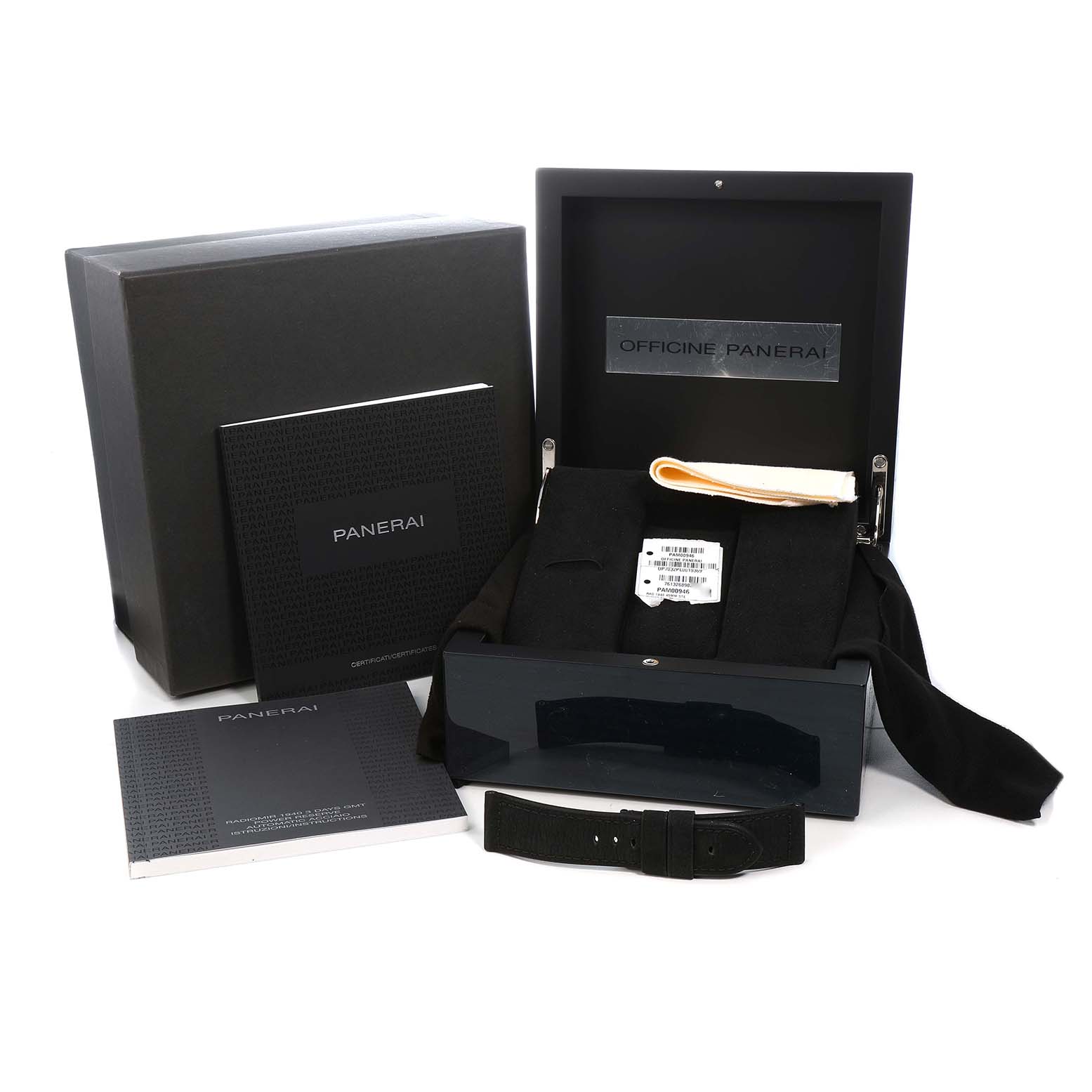 The image shows a Panerai Radiomir PAM00946 Men's Stainless Steel Blue Dial watch box set, including a box, booklets, and an additional strap.