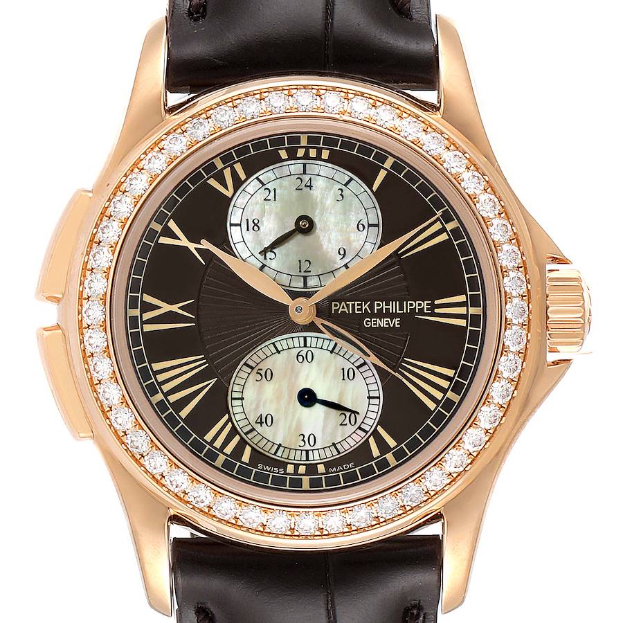 NOT FOR SALE Patek Philippe Calatrava Travel Time Rose Gold MOP Diamond Watch 4934 Papers CHANGE TO DEPLOYANT BUCKLE SwissWatchExpo