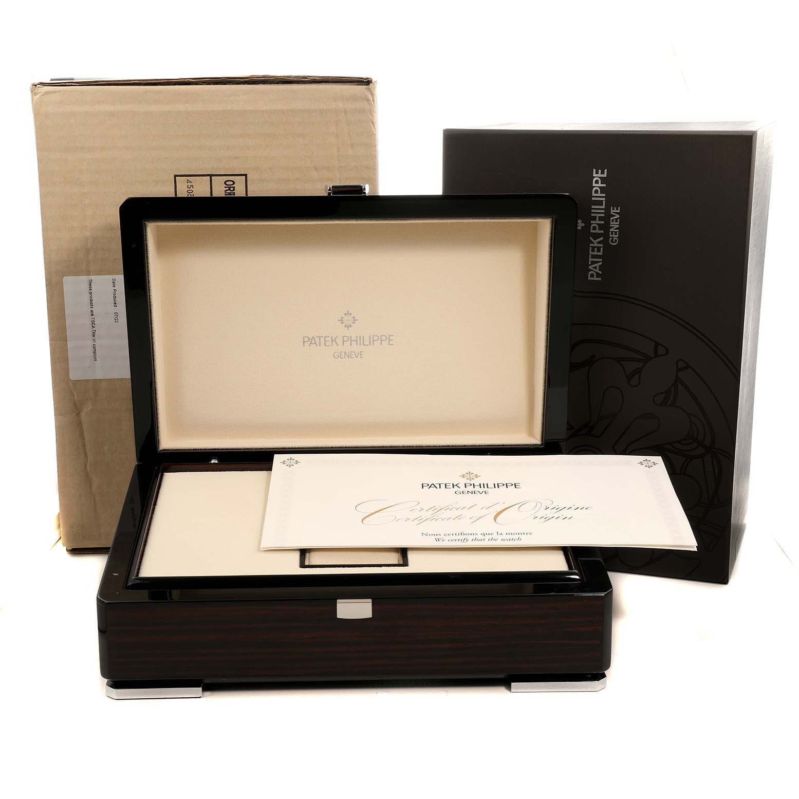 The image shows the packaging and certificate for the Patek Philippe Complications 4947/1A-001 Men's Stainless Steel Blue Dial watch, featuring its box and documentation.