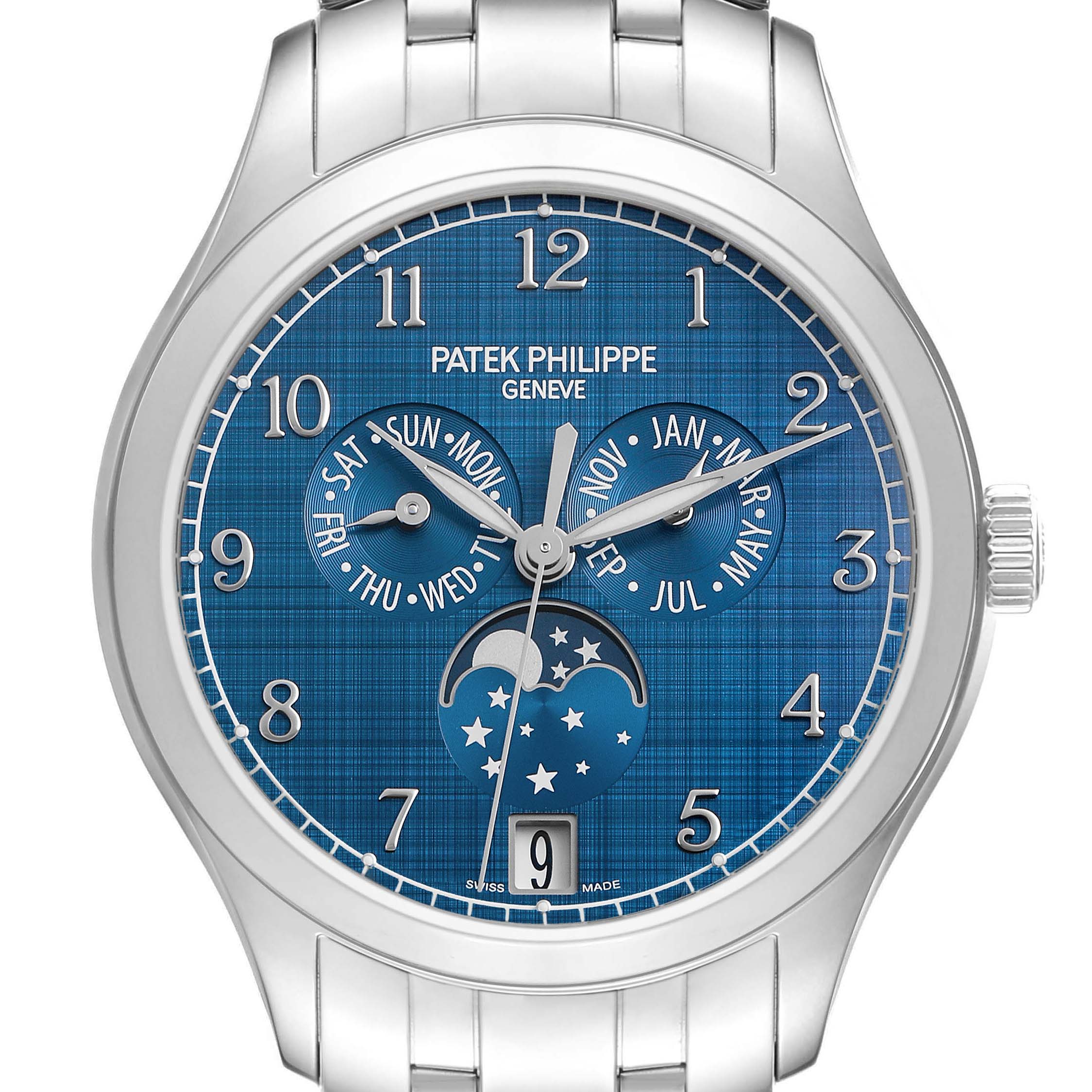 The Patek Philippe Complications 4947/1A-001 Men's Stainless Steel Blue Dial watch is shown from a front angle, highlighting its blue dial with calendar and moon phase features.