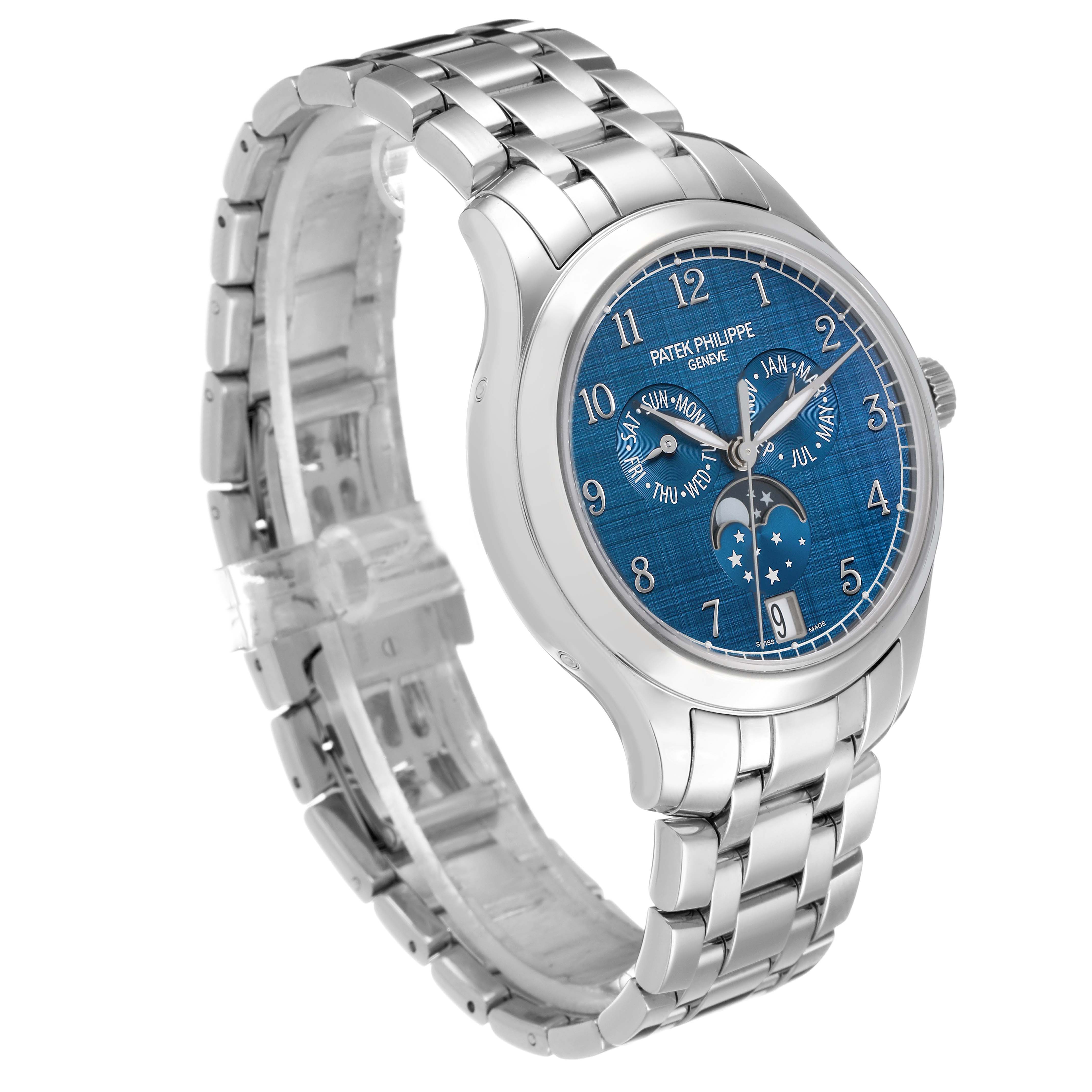 The Patek Philippe Complications 4947/1A-001 Men's Stainless Steel Blue Dial watch is shown at a three-quarter angle, highlighting the blue dial, case, crown, and bracelet.