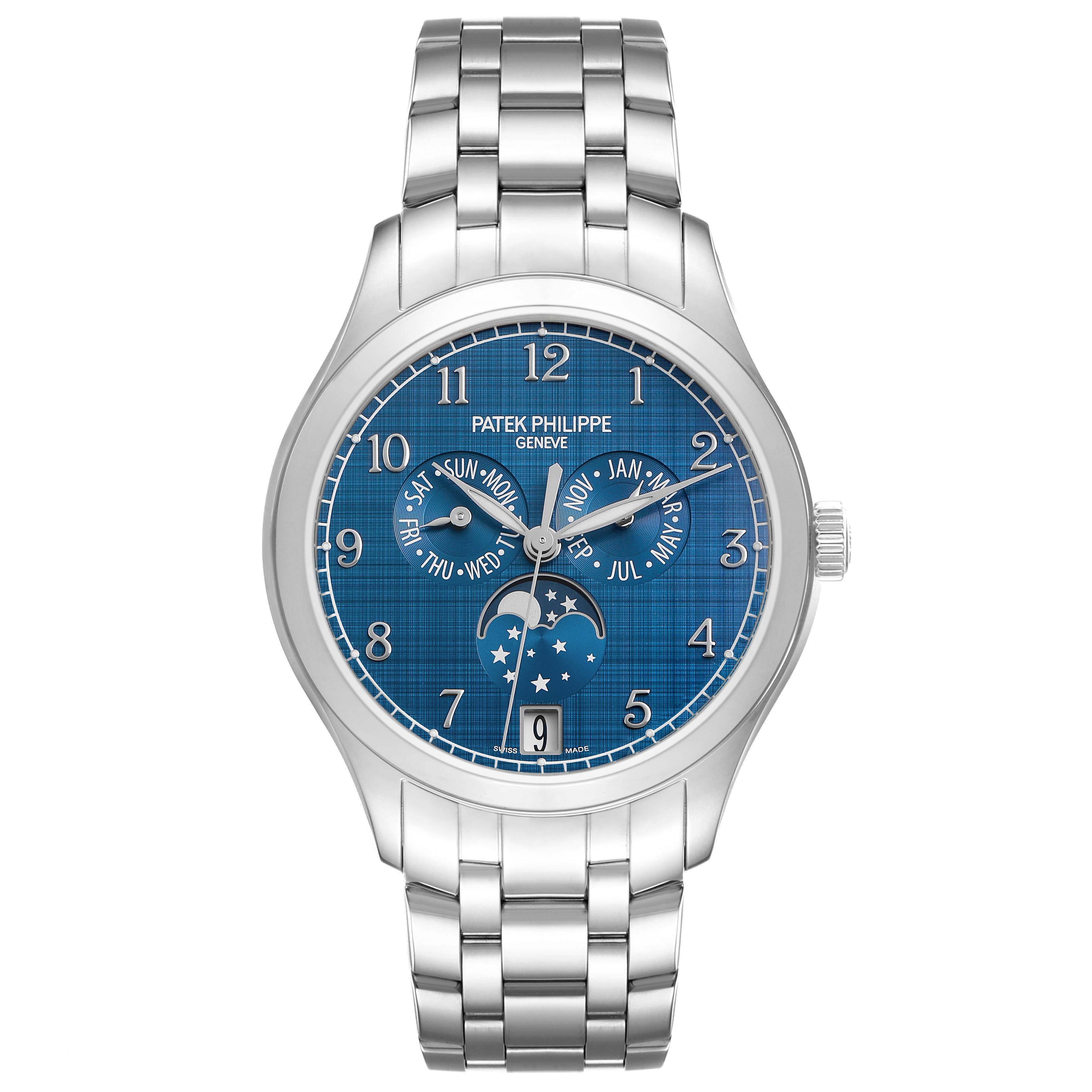 The Patek Philippe Complications 4947/1A-001 Men's Stainless Steel Blue Dial watch is shown from a front angle, displaying the dial, bracelet, and crown.