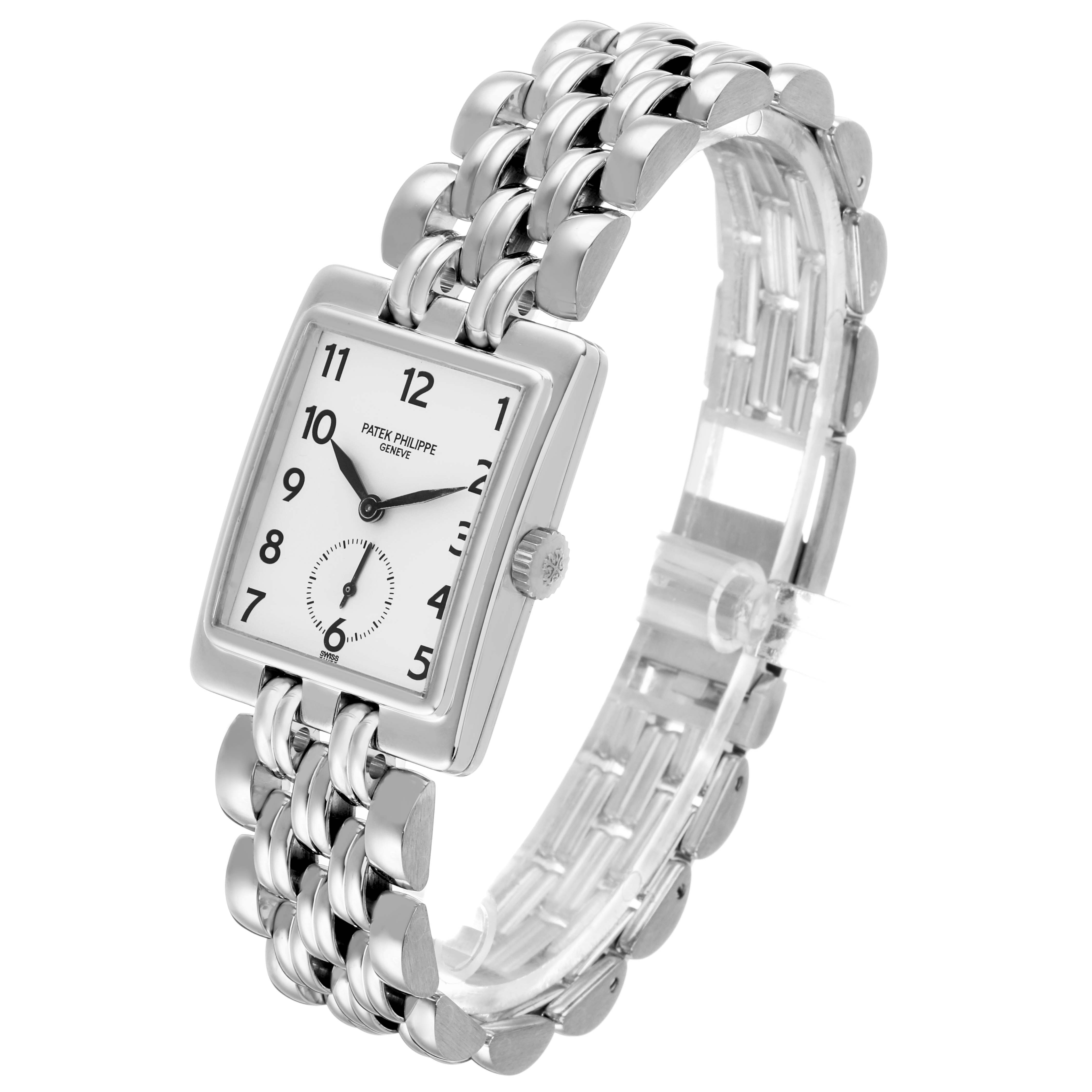 The Patek Philippe Gondolo 5010/1 Men's White Gold Silver Dial watch is shown at a slight angle, highlighting the face, bezel, and bracelet.