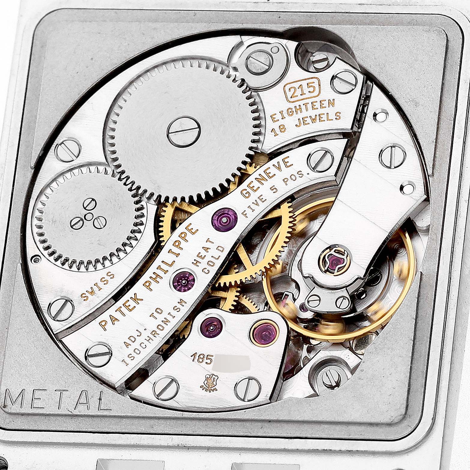 The image shows the intricate movement components of a Patek Philippe Gondolo 5010/1 Men's White Gold Silver Dial model from a top-down angle.