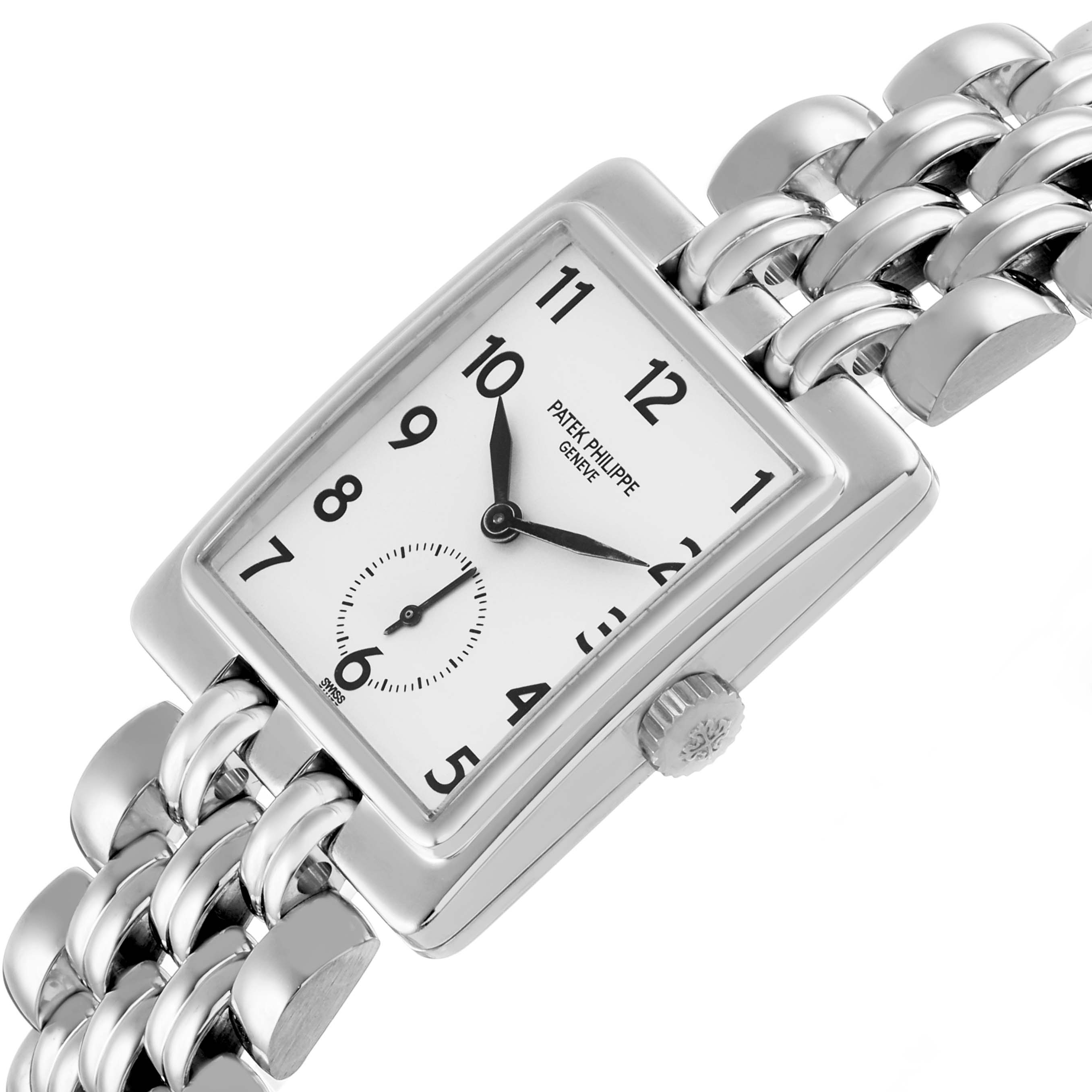 The Patek Philippe Gondolo 5010/1 Men's White Gold Silver Dial watch is shown at an angled side view, highlighting the rectangular case, crown, dial, and bracelet.