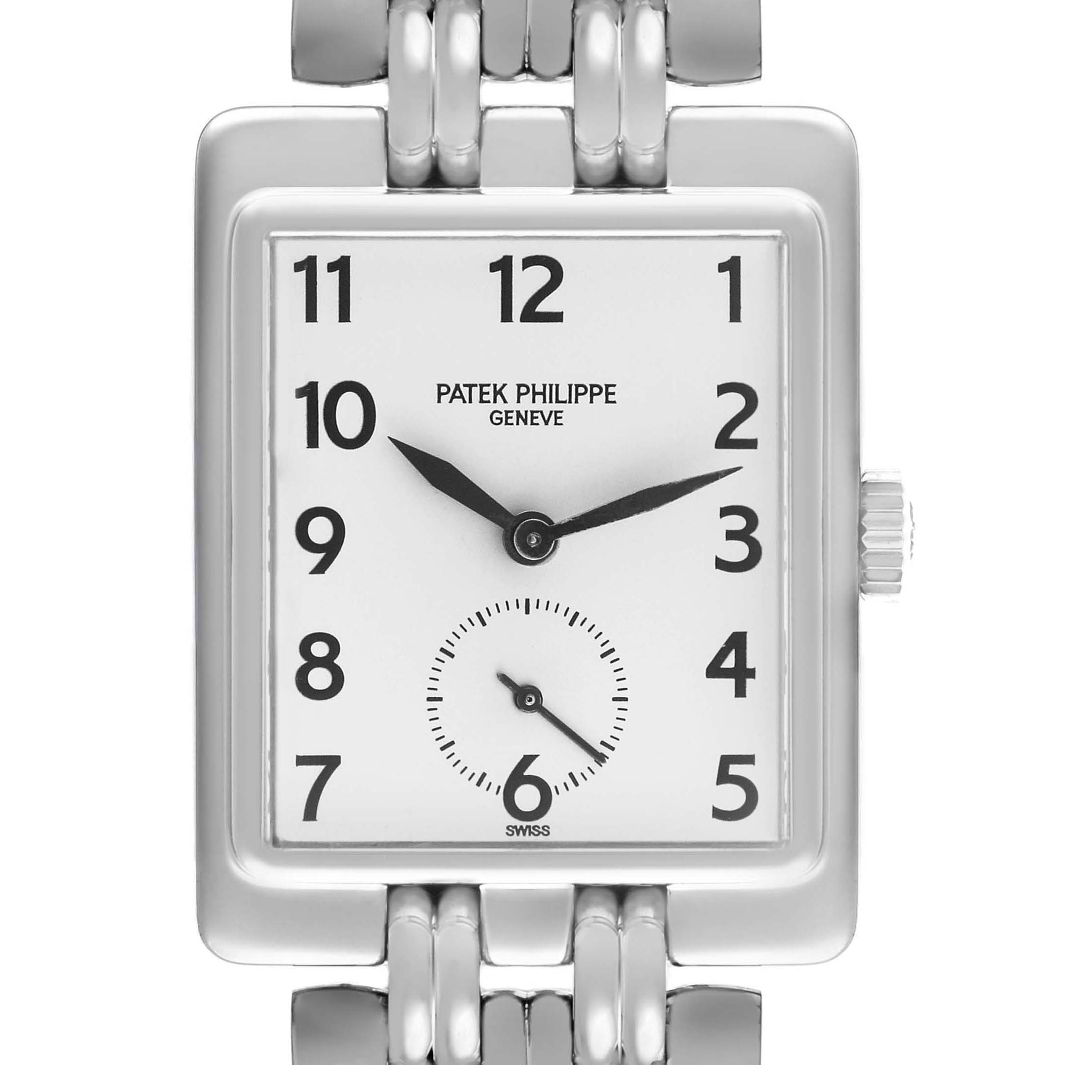 The Patek Philippe Gondolo 5010/1 Men's White Gold Silver Dial watch is shown from the front, displaying its rectangular face, dial, and part of the bracelet.