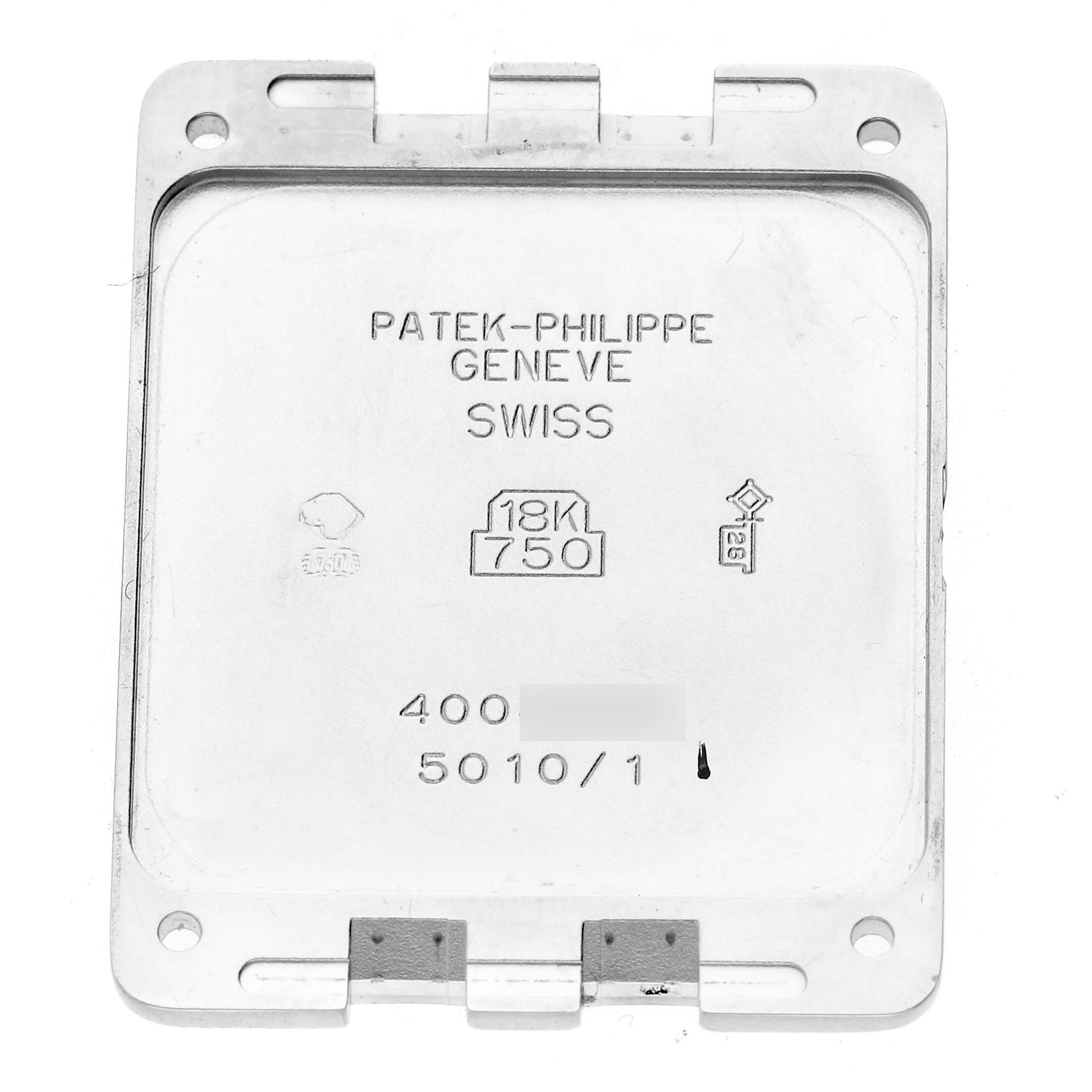 The image shows the back cover of a Patek Philippe Gondolo 5010/1 Men's White Gold Silver Dial watch, highlighting inscriptions and hallmarks.