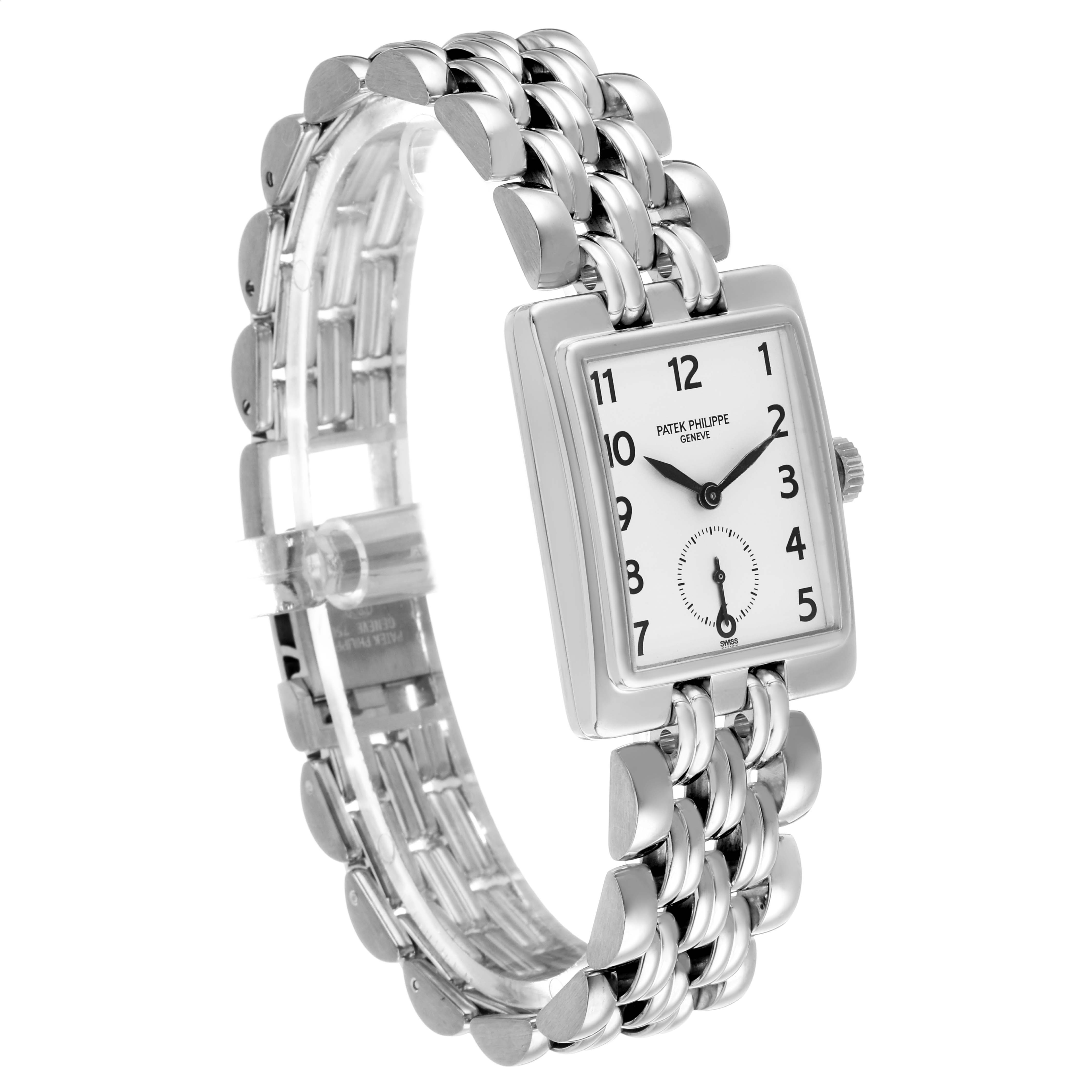 The Patek Philippe Gondolo 5010/1 Men's White Gold Silver Dial watch is shown at a three-quarter angle, highlighting the face and bracelet.