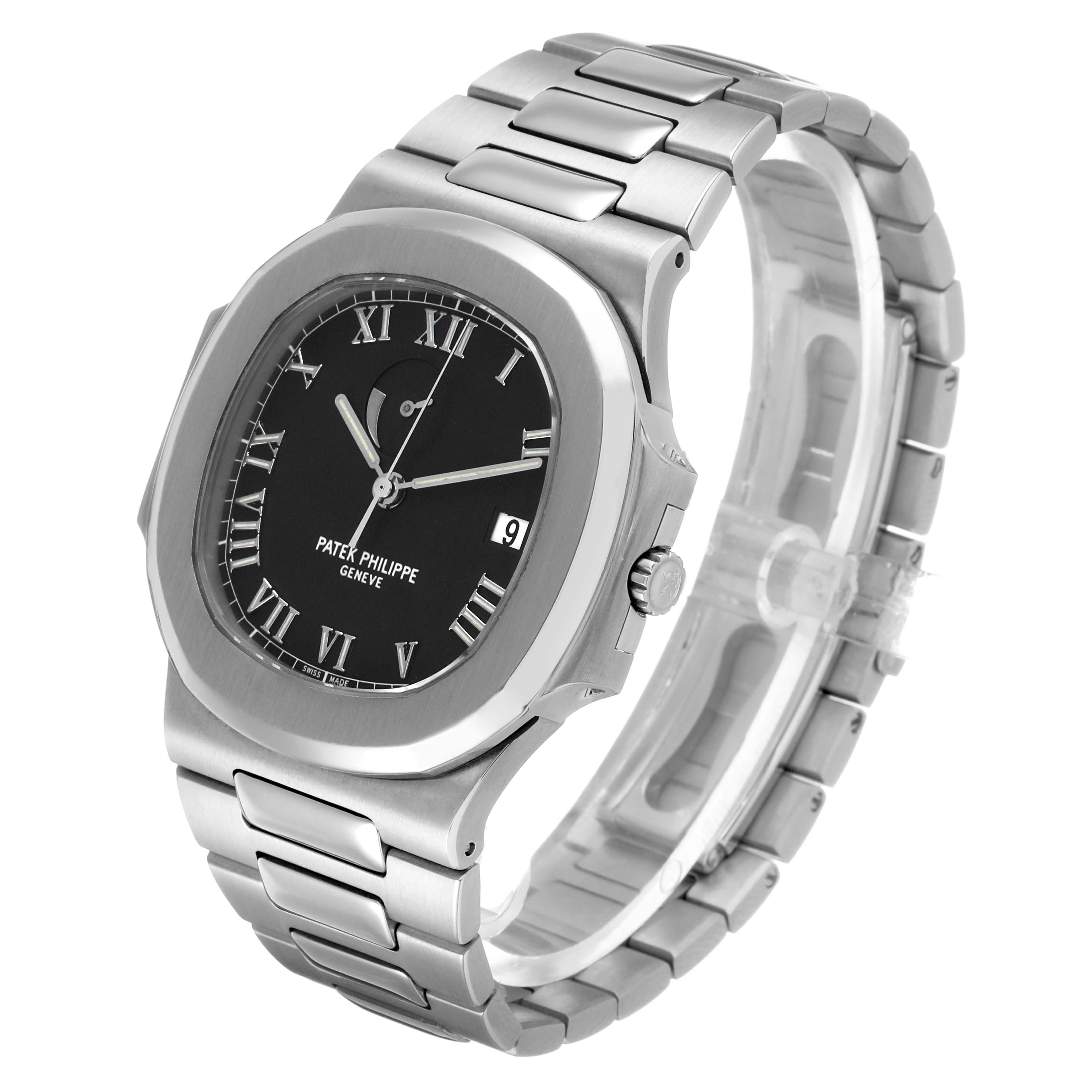 The Patek Philippe Nautilus 3710 Men's Stainless Steel Black Dial watch is shown at an angled side view, highlighting the case, dial, and bracelet.