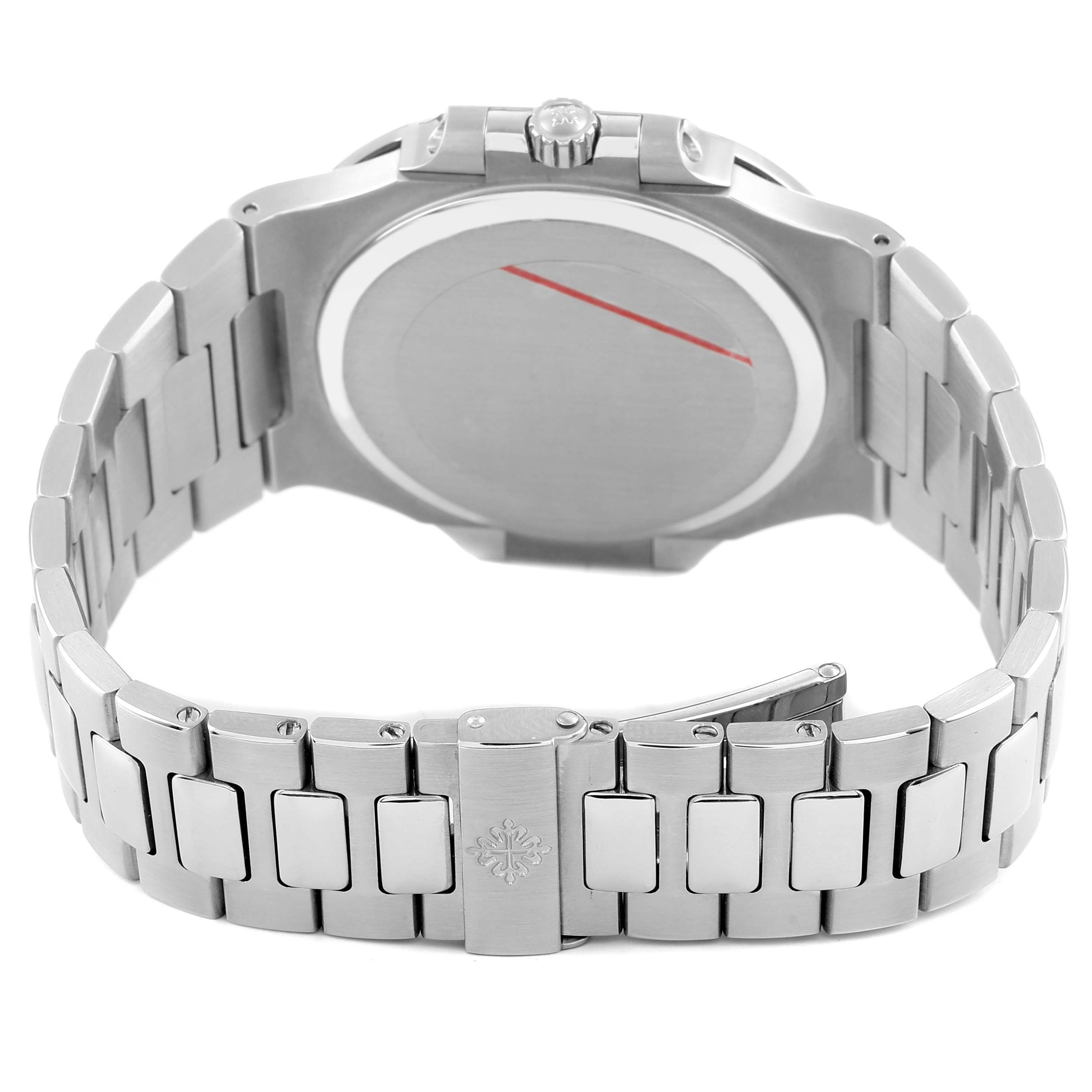 The image shows the back case and clasp of the Patek Philippe Nautilus 3710 Men's Stainless Steel Black Dial watch from a rear angle.