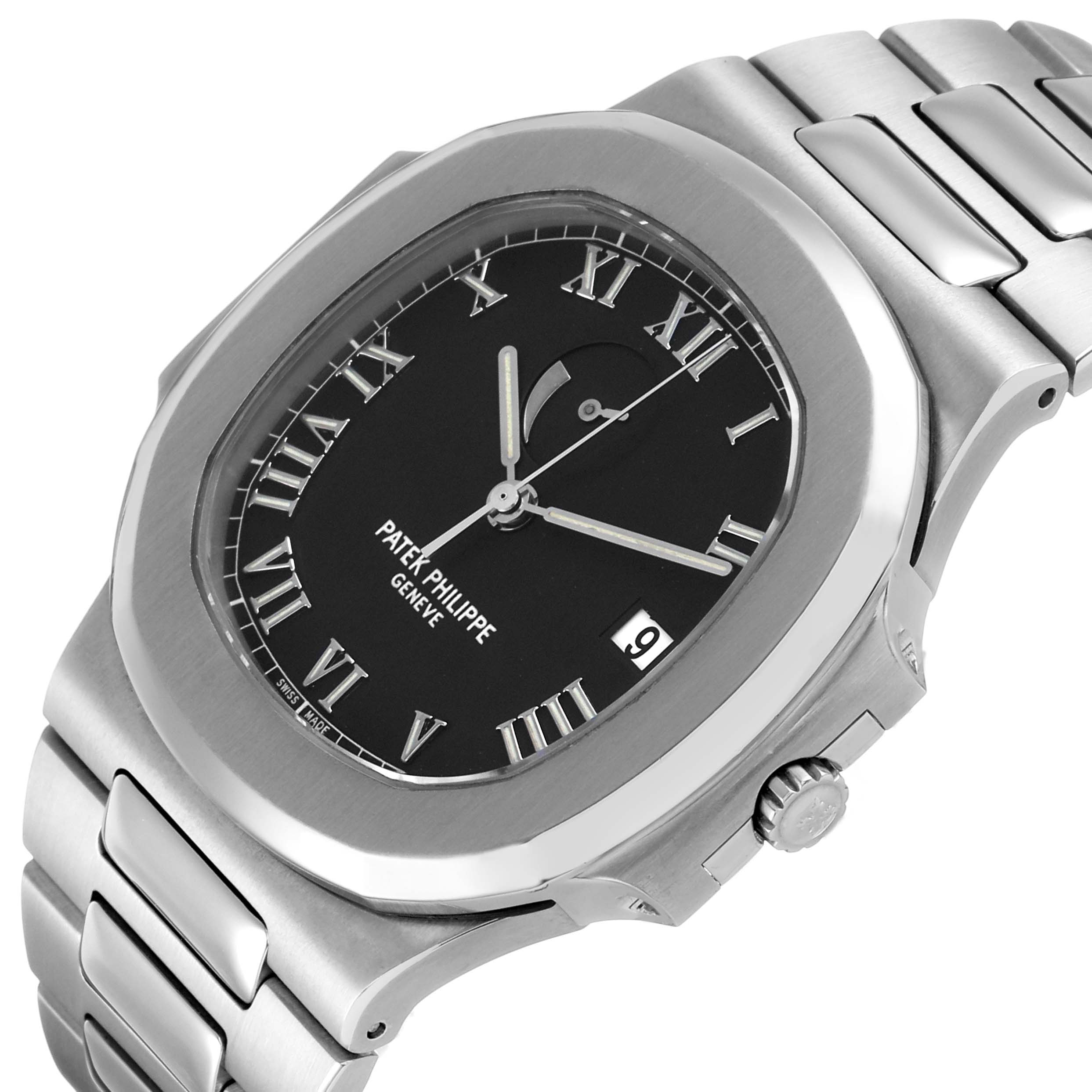 The Patek Philippe Nautilus 3710 Men's Stainless Steel Black Dial watch is shown at an angled side view, displaying the case, bracelet, dial, crown, and date feature.