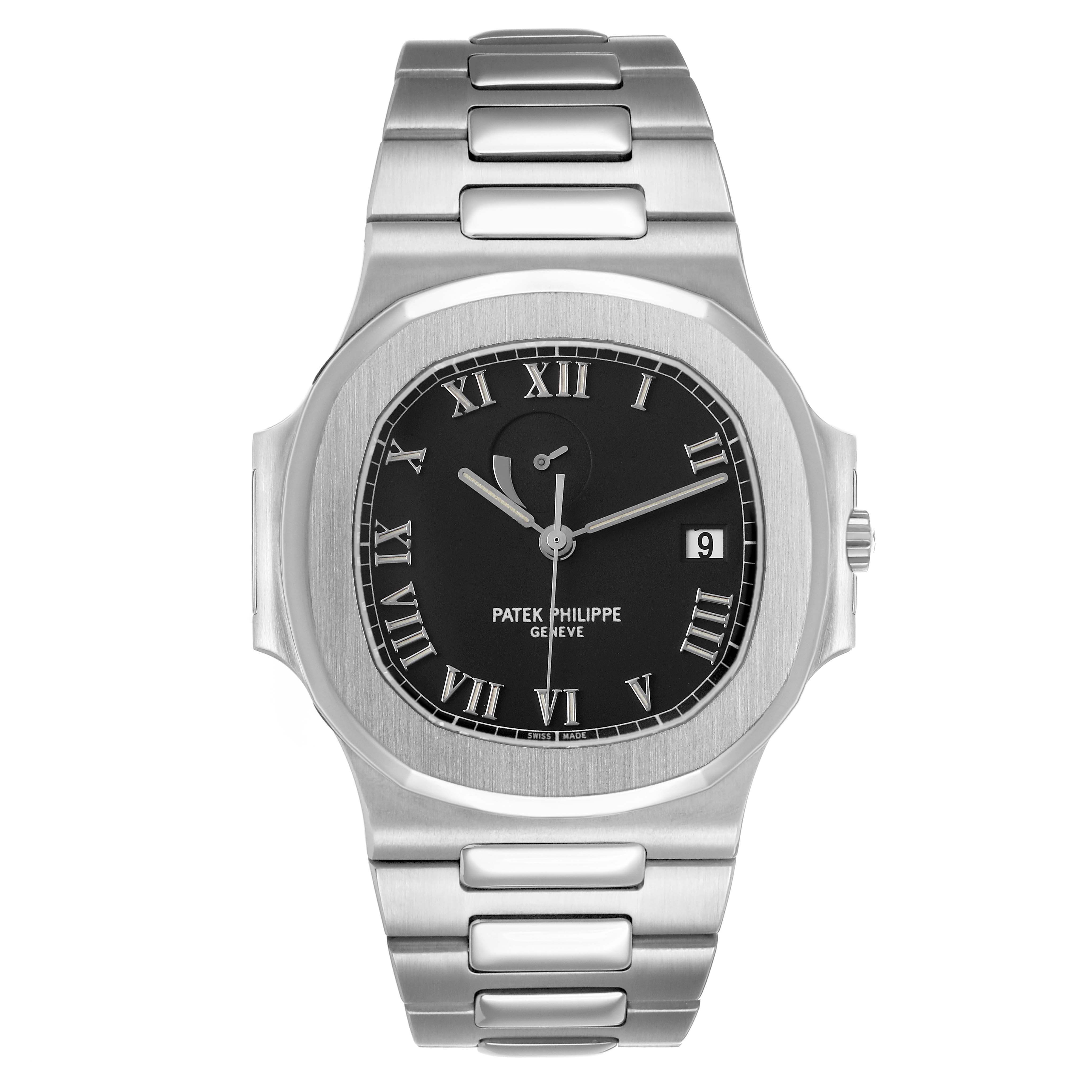 The Patek Philippe Nautilus 3710 Men's Stainless Steel Black Dial watch is shown from the front, displaying its dial, case, and metal bracelet.