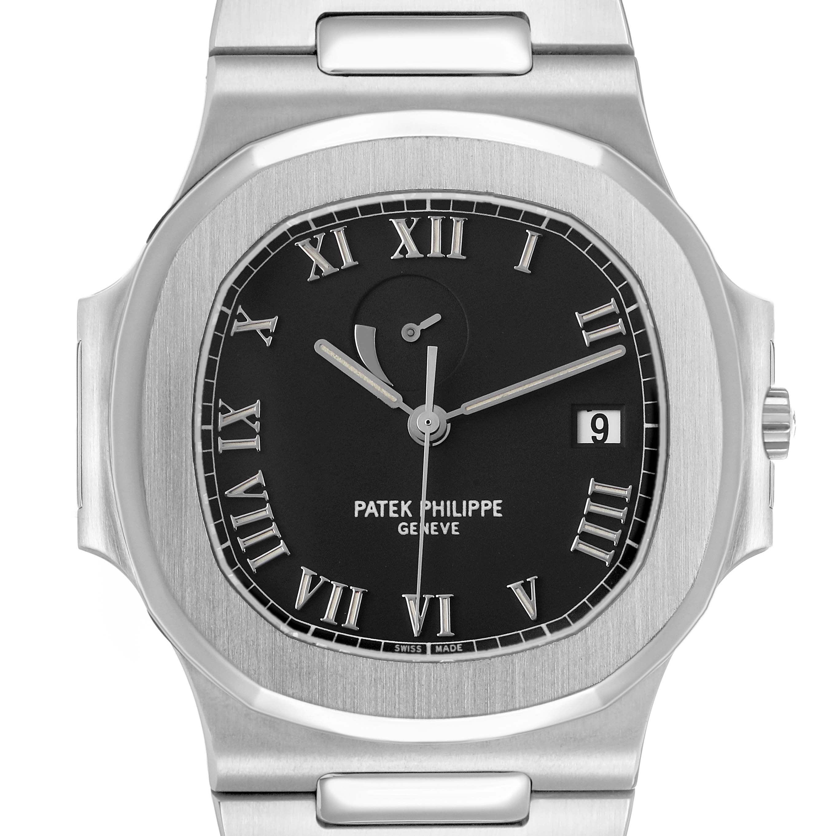 The Patek Philippe Nautilus 3710 Men's Stainless Steel Black Dial watch is shown from the front, highlighting the black dial, Roman numerals, and date window.
