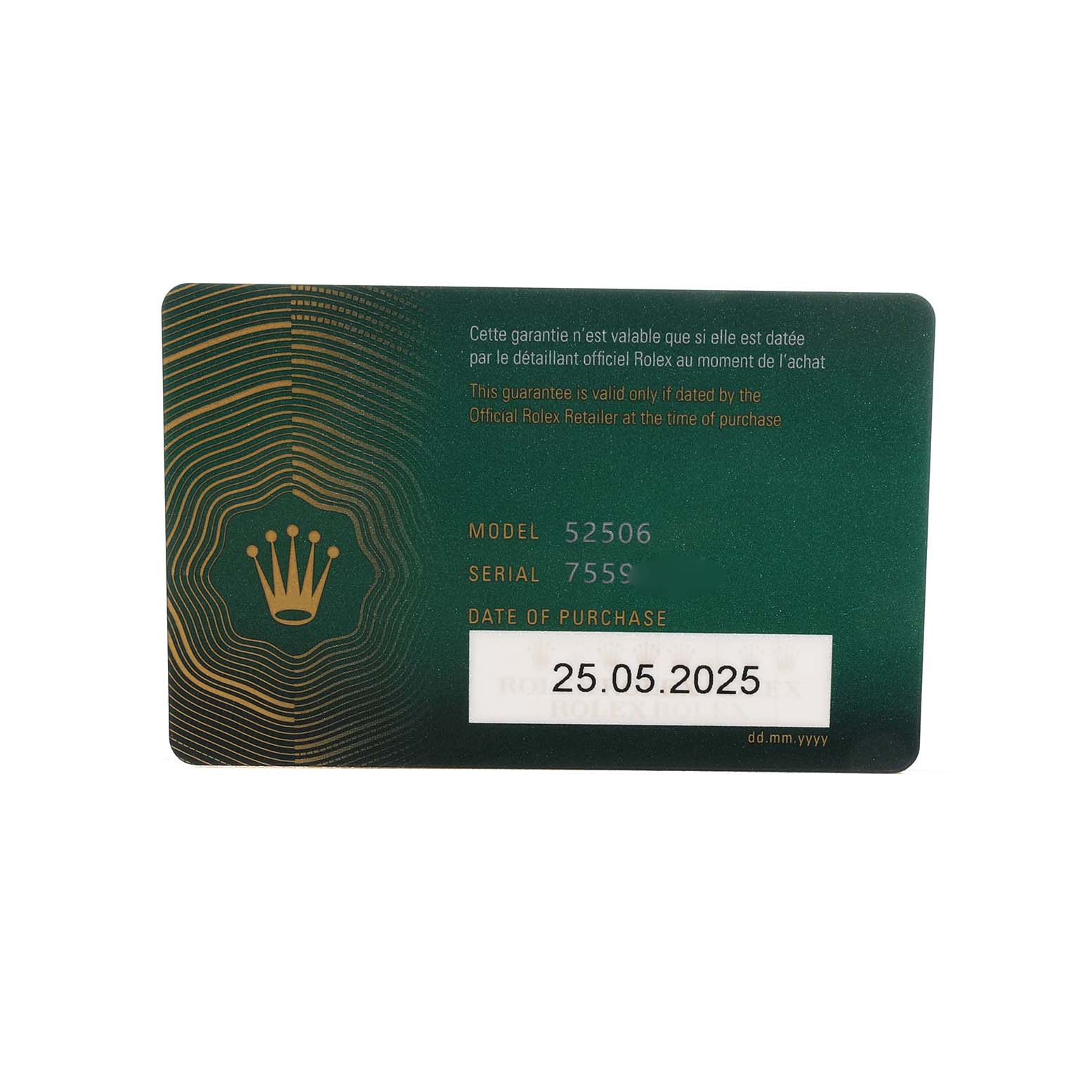 This image shows the warranty card for the Rolex 1908 52506 Men's Platinum Blue Dial model, featuring model and serial numbers, with a purchase date noted.