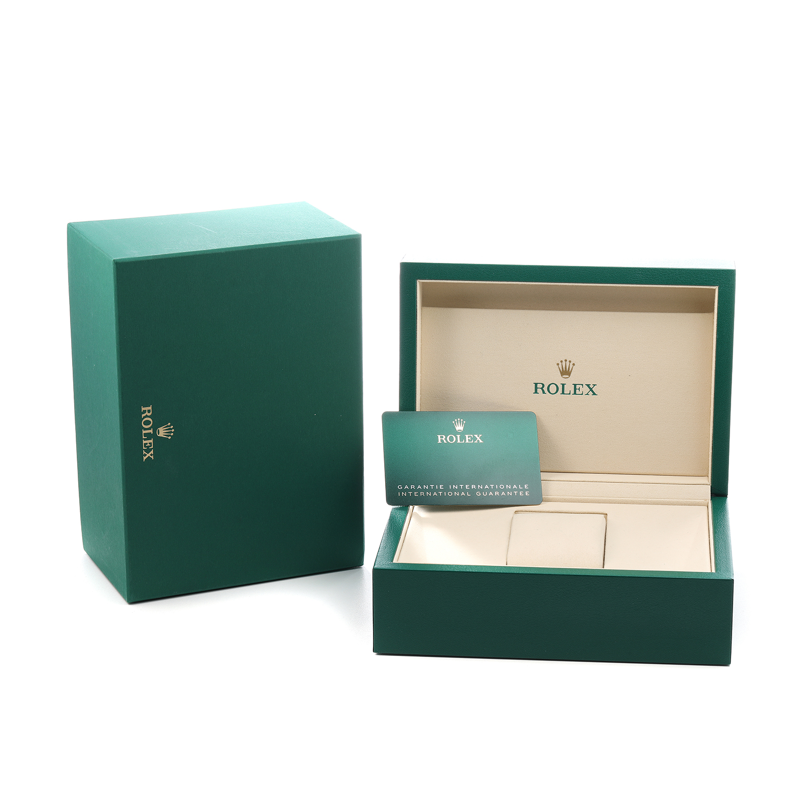 The image shows a green Rolex 1908 52506 Men's Platinum Blue Dial model box with an international guarantee card, photographed from the front angle.