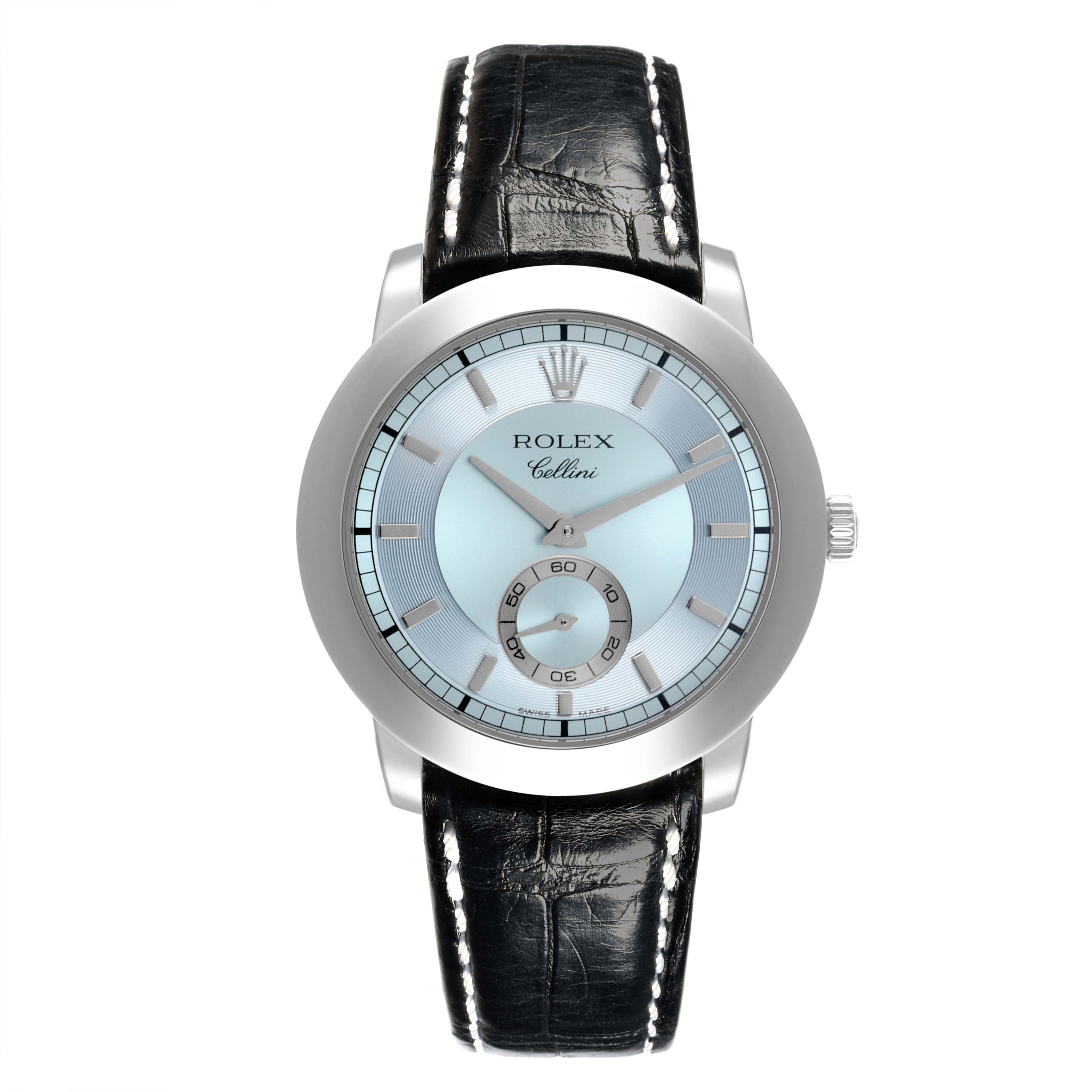 The Rolex Cellini 5241 Men's Platinum Blue Dial 5241 Men's Platinum Blue Dial watch is shown from a front angle, highlighting the dial, hands, case, and black leather strap.