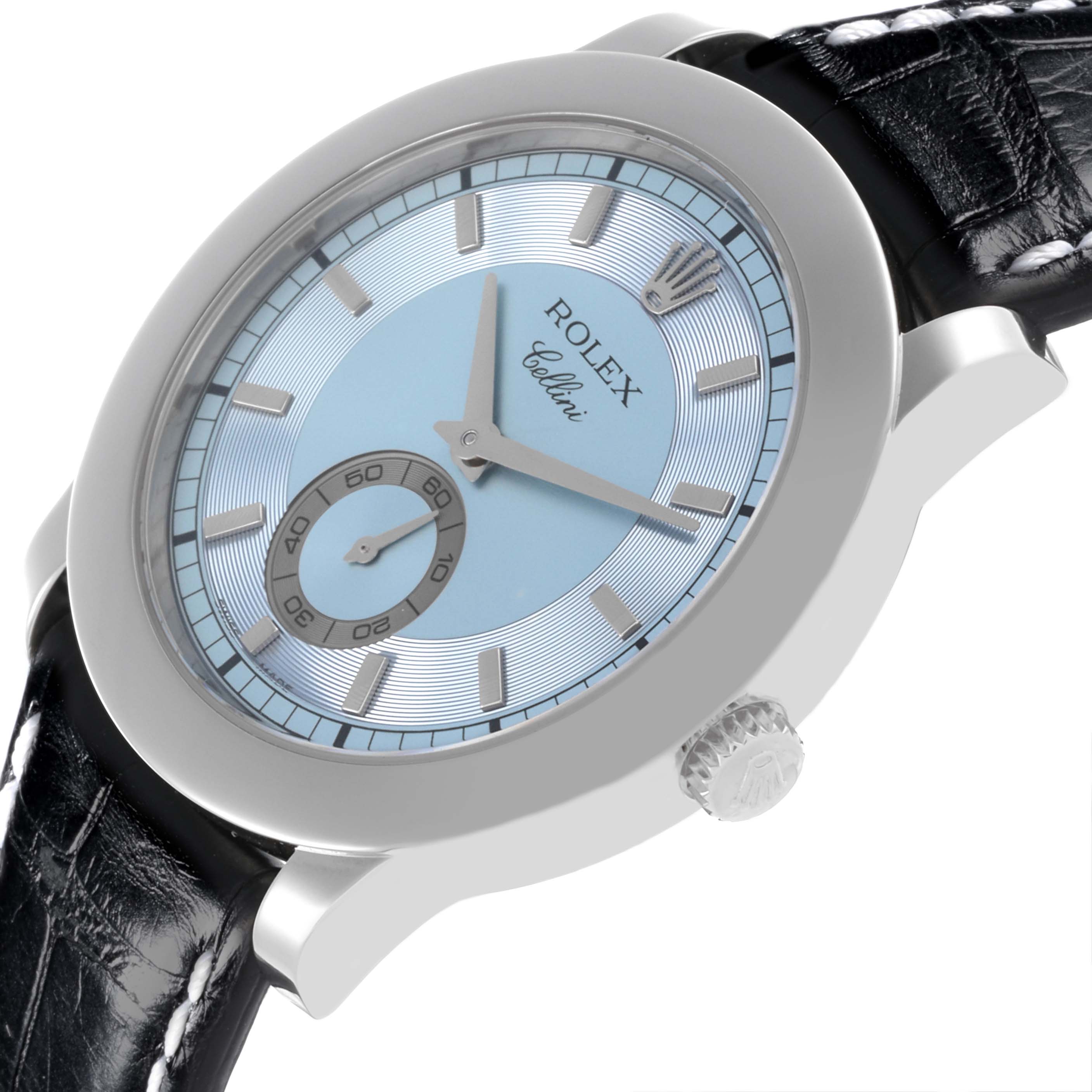 The Rolex Cellini 5241 Men's Platinum Blue Dial 5241 Men's Platinum Blue Dial watch is shown at an angled side view, displaying the dial, crown, and black leather strap.