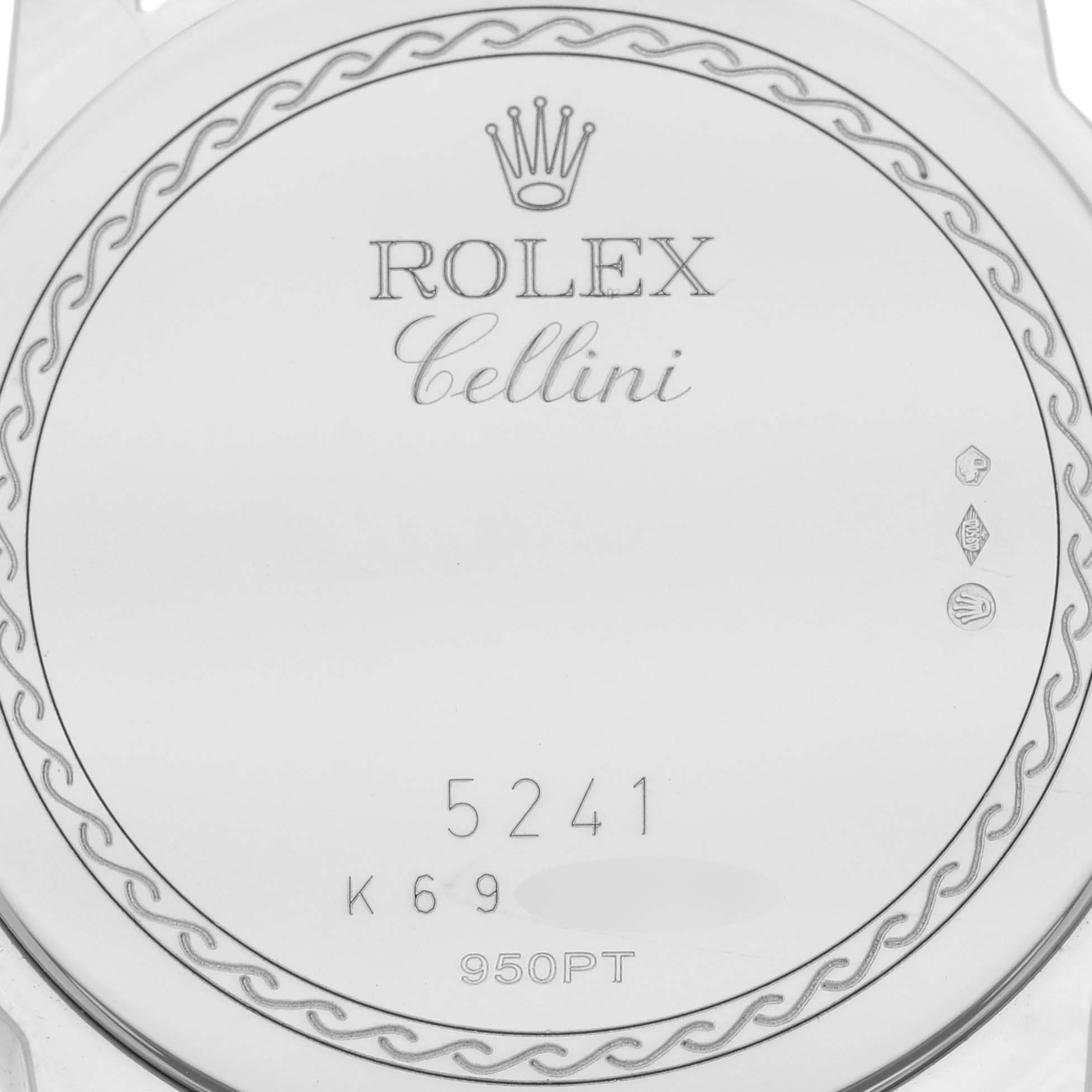 The image shows the case back of a Rolex Cellini 5241 Men's Platinum Blue Dial 5241 Men's Platinum Blue Dial, featuring engravings and the model details.
