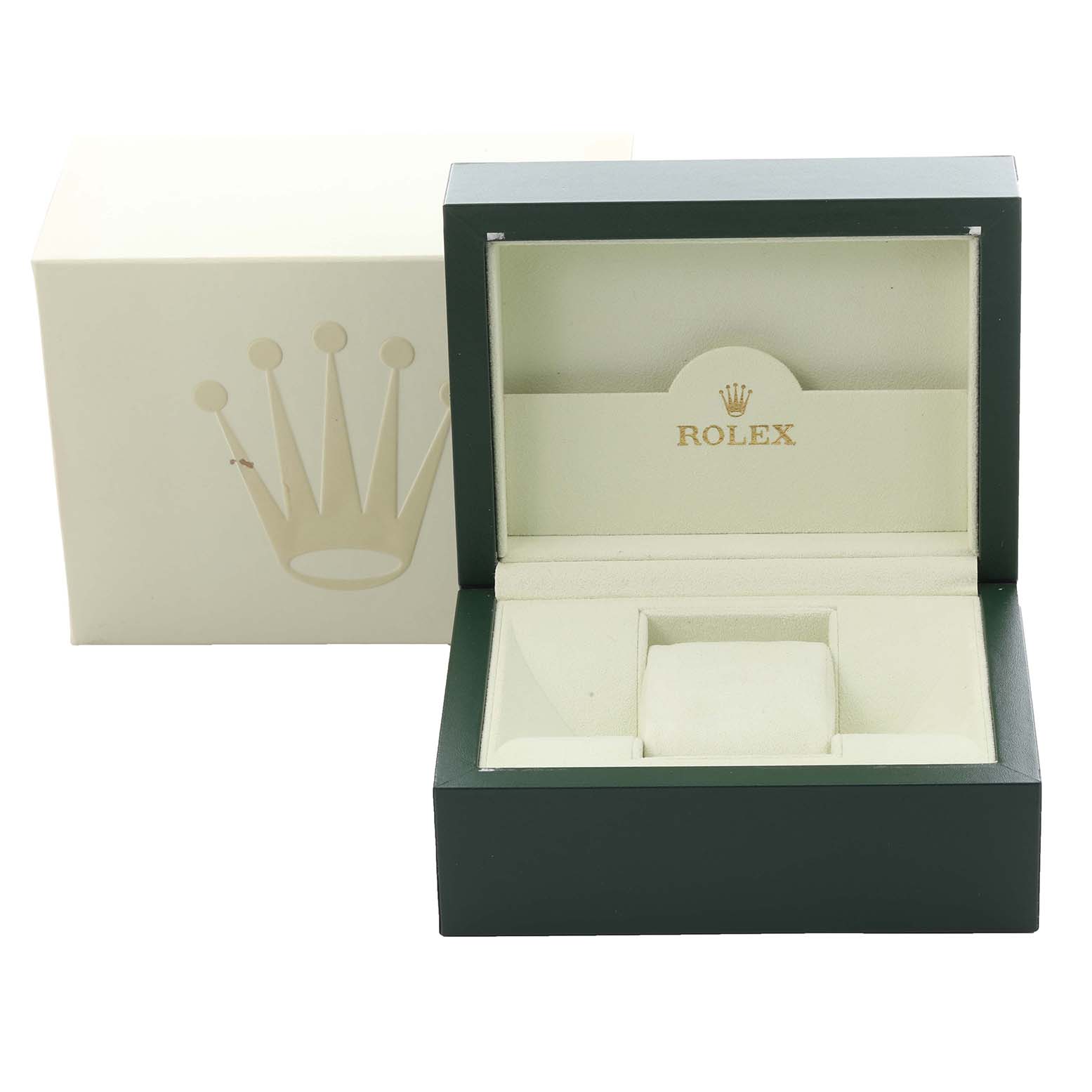 The image shows a Rolex Cellini 5241 Men's Platinum Blue Dial 5241 Men's Platinum Blue Dial watch box with an open lid, revealing the interior cushion and logo.