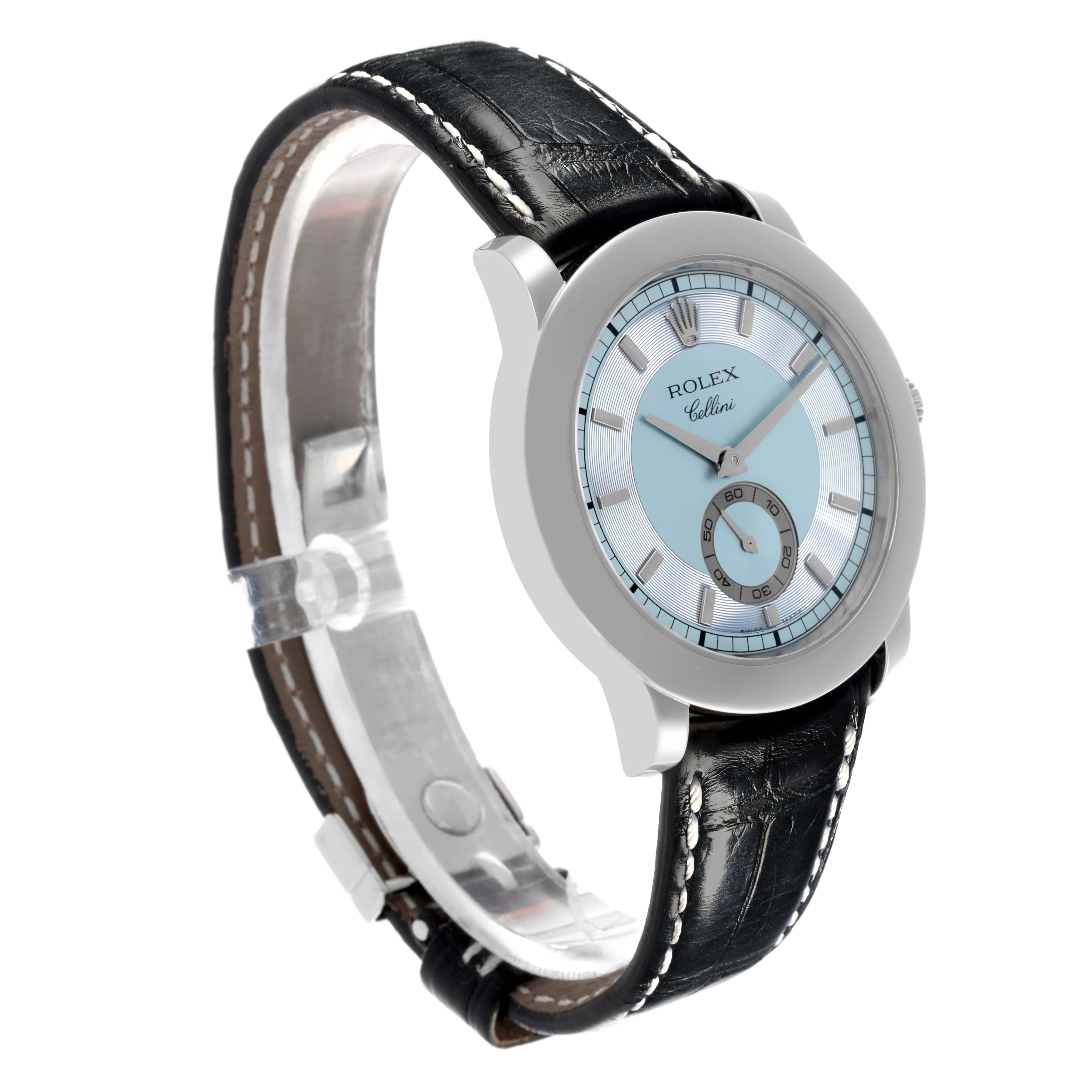 The Rolex Cellini 5241 Men's Platinum Blue Dial 5241 Men's Platinum Blue Dial watch is shown at a three-quarter angle, highlighting the face, bezel, and leather strap.