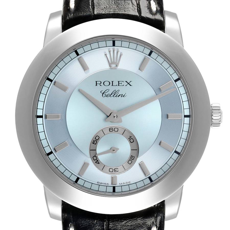 The Rolex Cellini watch is shown from the front, displaying its dial, hands, crown, and part of the leather strap.