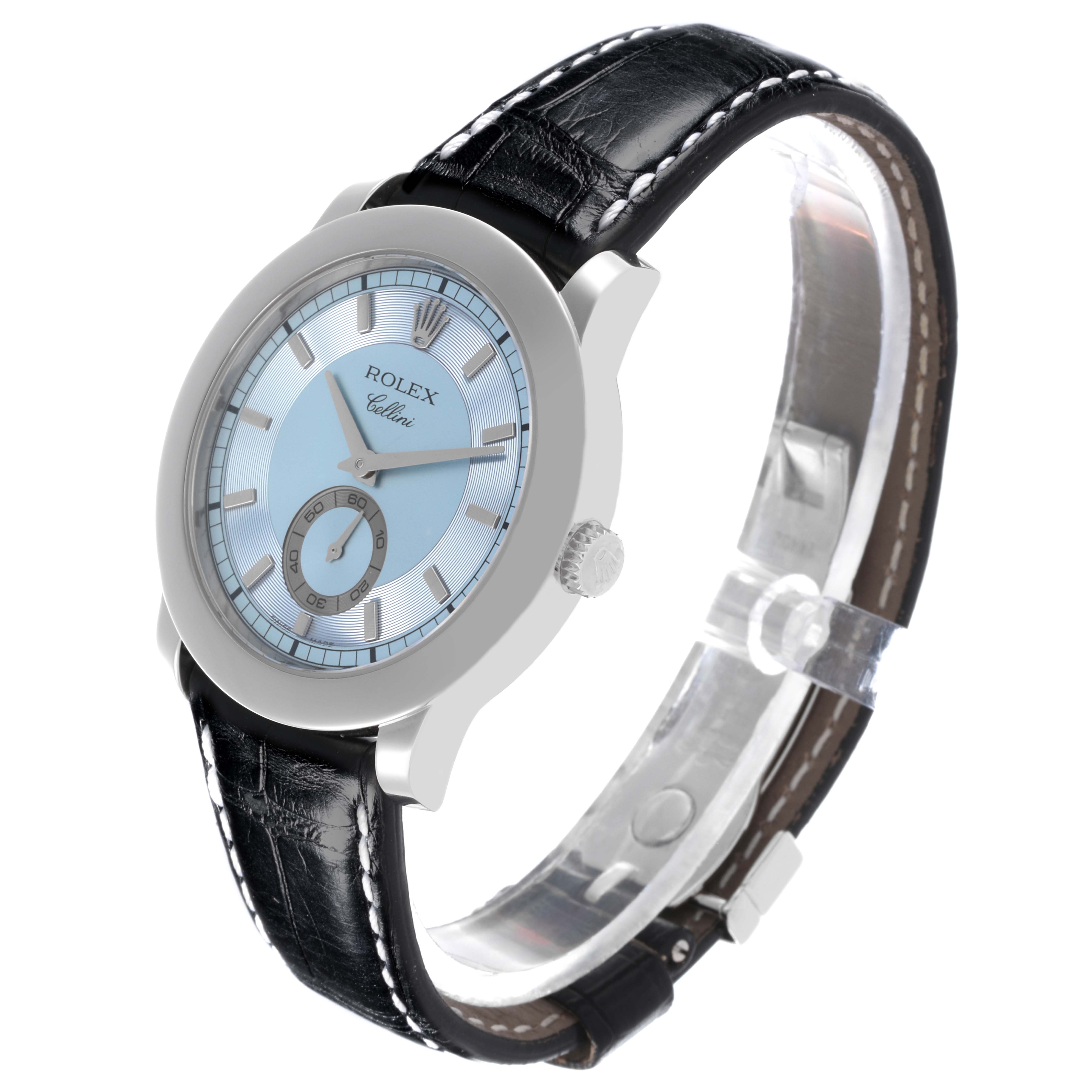 The image shows a Rolex Cellini 5241 Men's Platinum Blue Dial 5241 Men's Platinum Blue Dial watch from a side angle, highlighting its face, case, crown, and leather strap.