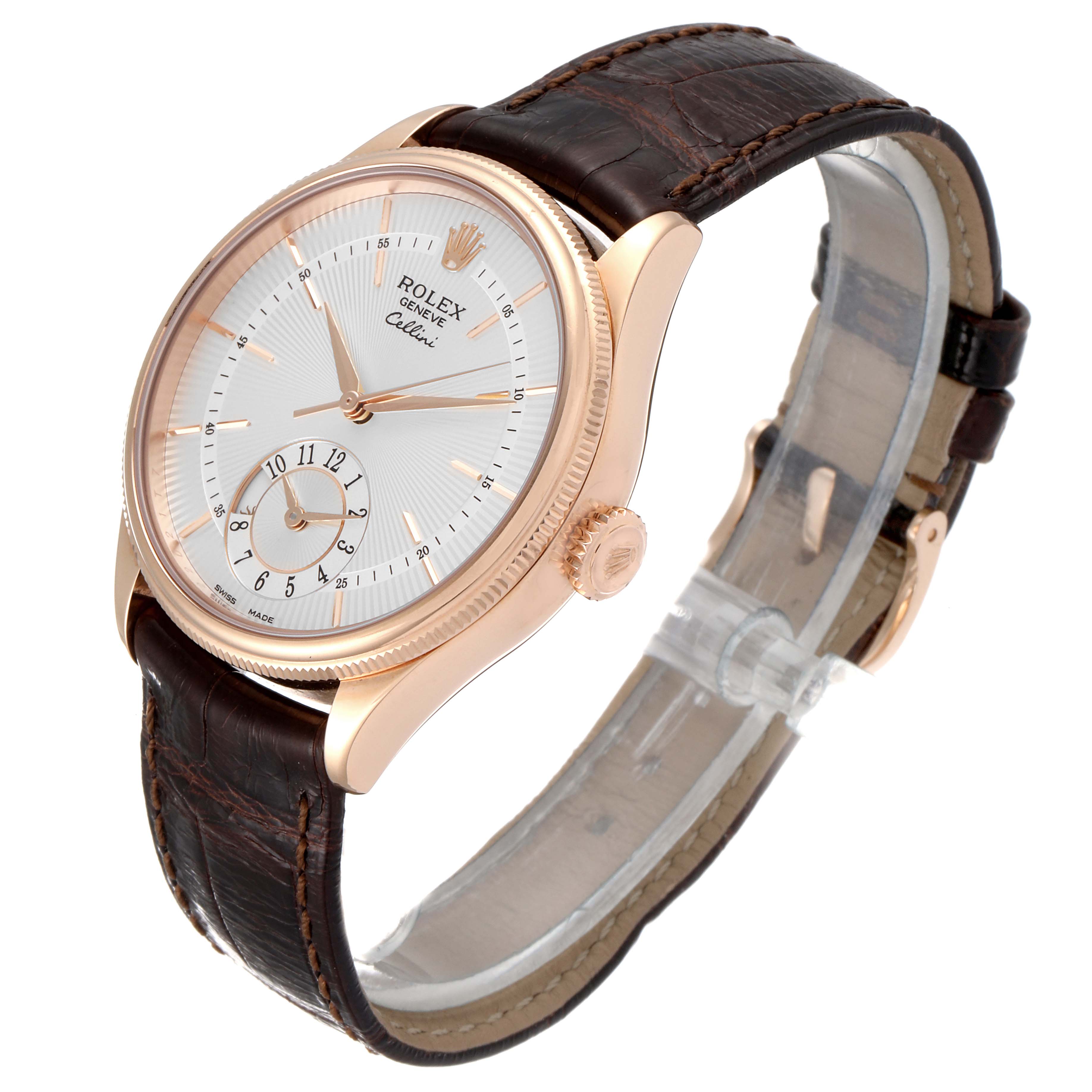 This angled view shows the Rolex Cellini 50525 Men
s Rose Gold Silver Dial 50525 Men
s Rose Gold Silver Dial model
s face, crown, strap, and deployment clasp.