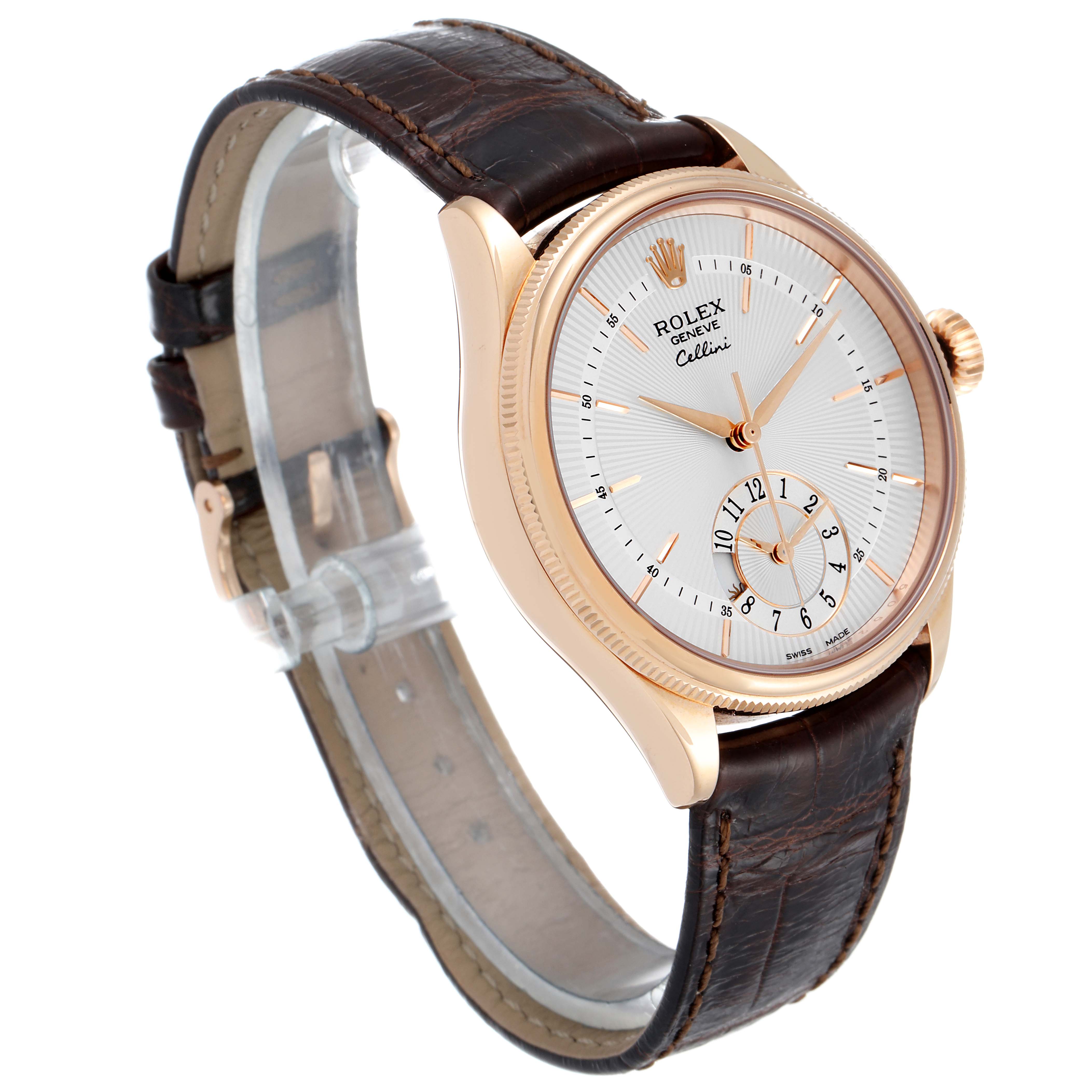 This image shows a Rolex Cellini 50525 Men
s Rose Gold Silver Dial 50525 Men
s Rose Gold Silver Dial model watch from an angled side view, highlighting the dial, bezel, and brown leather strap.