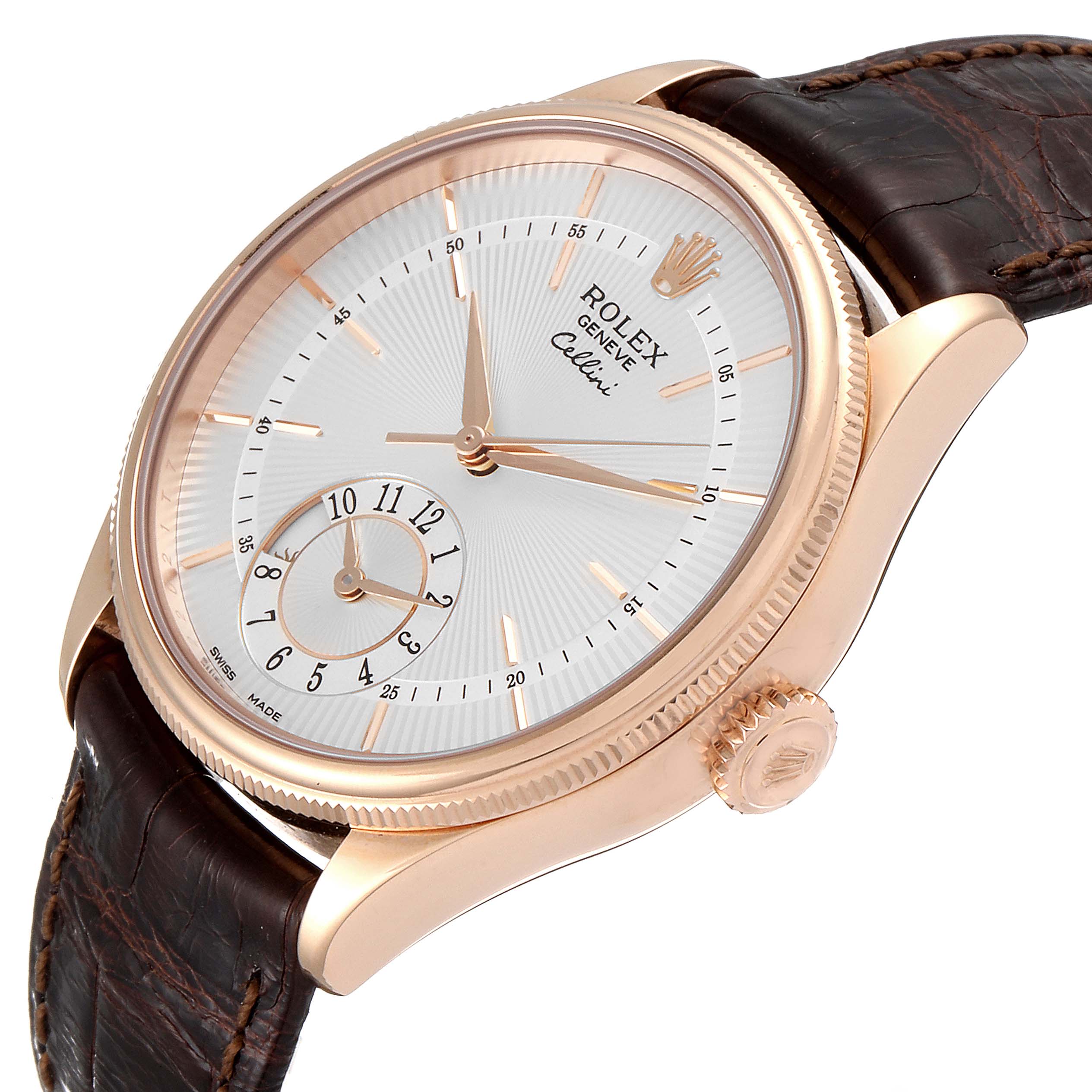 This image shows a side angle of the Rolex Cellini 50525 Men
s Rose Gold Silver Dial 50525 Men
s Rose Gold Silver Dial watch, highlighting its face, crown, and brown leather strap.