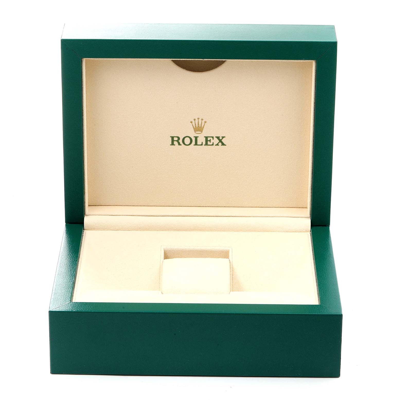 The image shows an open Rolex Cellini 50525 Men
s Rose Gold Silver Dial 50525 Men
s Rose Gold Silver Dial watch box from a front angle, featuring a green exterior and beige interior.
