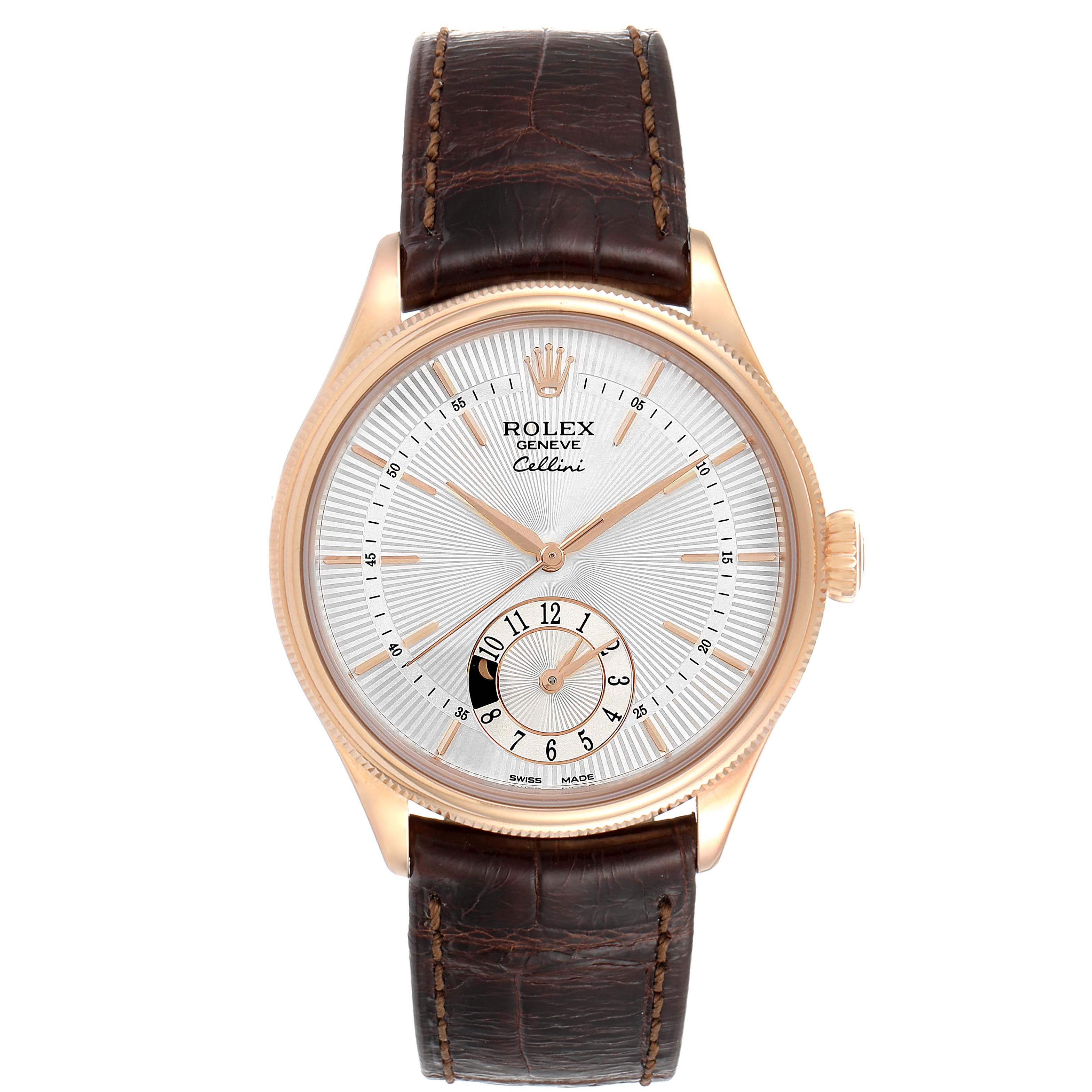 This is a front view of the Rolex Cellini 50525 Men
s Rose Gold Silver Dial 50525 Men
s Rose Gold Silver Dial watch showing the dial, crown, and brown leather strap.
