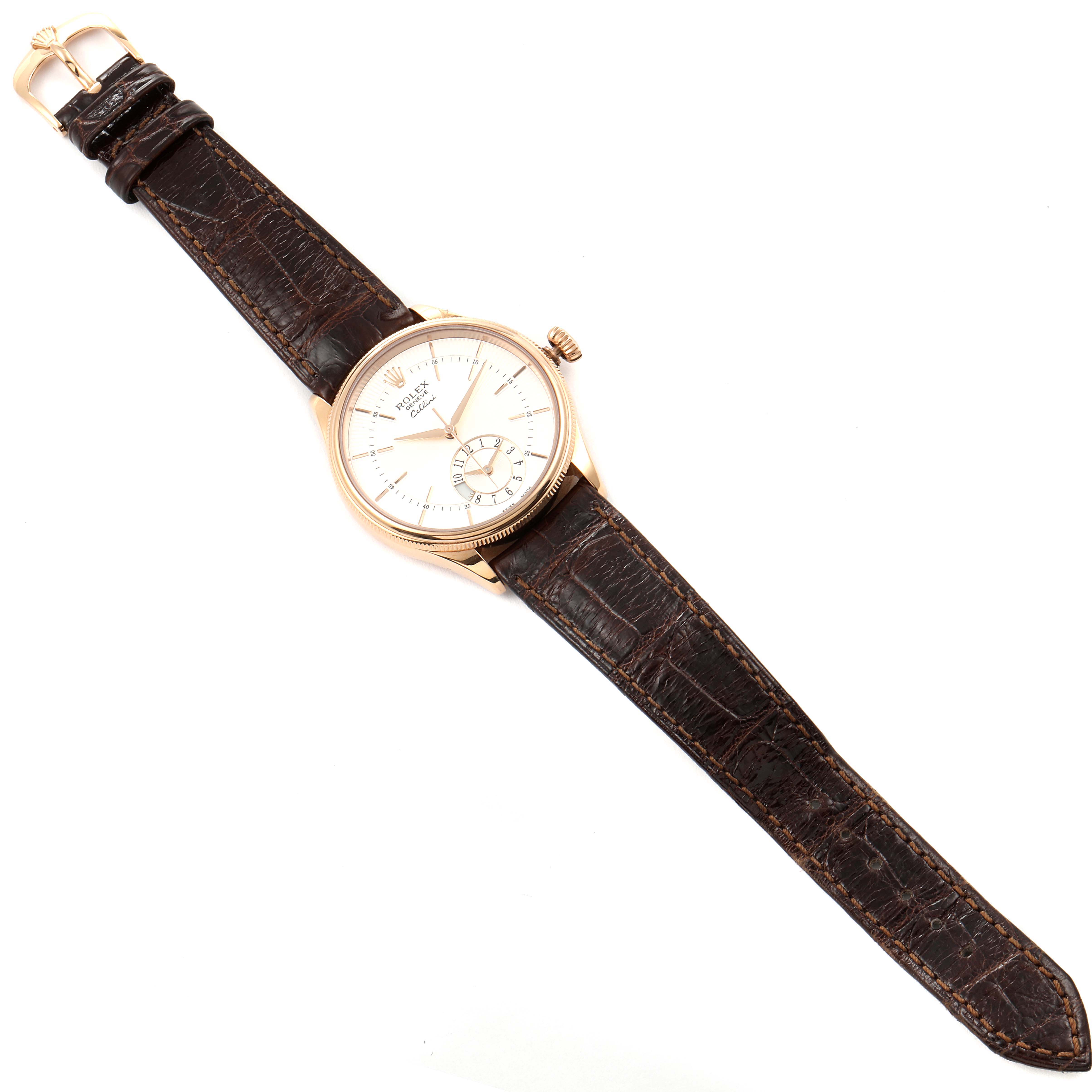 The image shows a top-down view of a Rolex Cellini 50525 Men
s Rose Gold Silver Dial 50525 Men
s Rose Gold Silver Dial watch with a brown leather strap and gold-tone case.