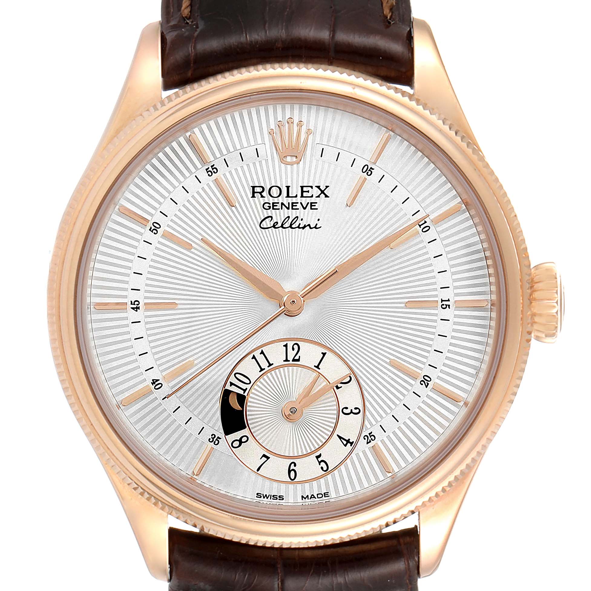 This image shows a front view of a Rolex Cellini 50525 Men
s Rose Gold Silver Dial 50525 Men
s Rose Gold Silver Dial watch, highlighting the face, crown, and strap.