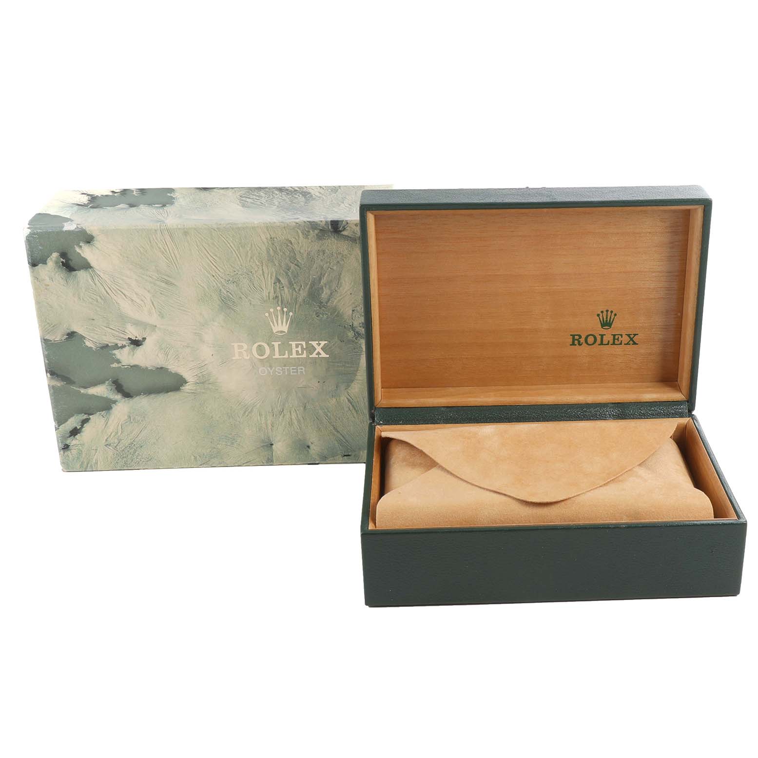 The image shows a Rolex Date 15223 Men's Steel and Gold (two tone) Champagne Dial 15223 Men's Steel and Gold (two tone) Champagne Dial model watch box, with an open wooden inner box and a closed outer box.