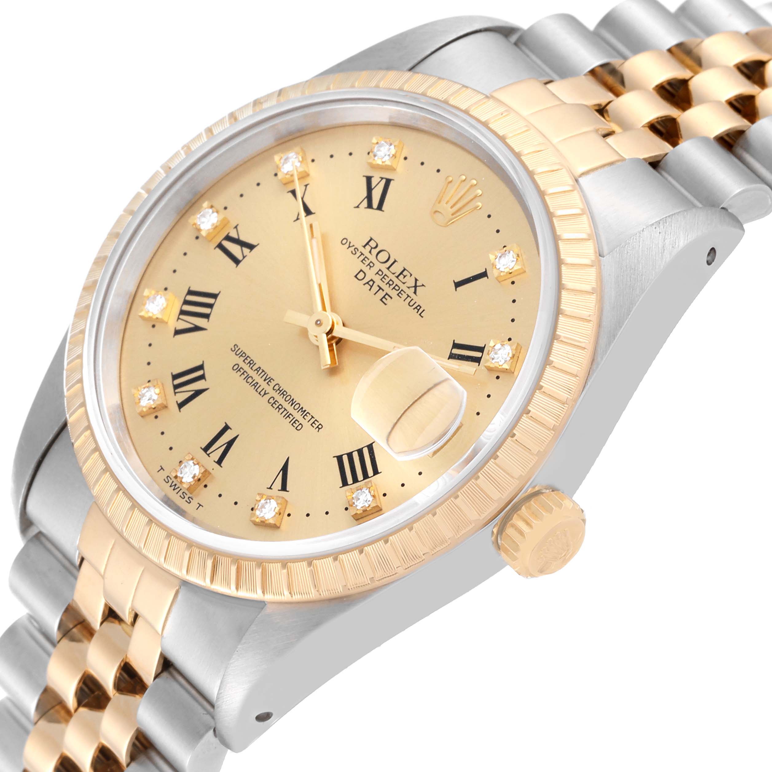 The image shows a close-up angle of the Rolex Date 15223 Men's Steel and Gold (two tone) Champagne Dial 15223 Men's Steel and Gold (two tone) Champagne Dial watch, highlighting its gold dial, Roman numerals, and two-tone bracelet.