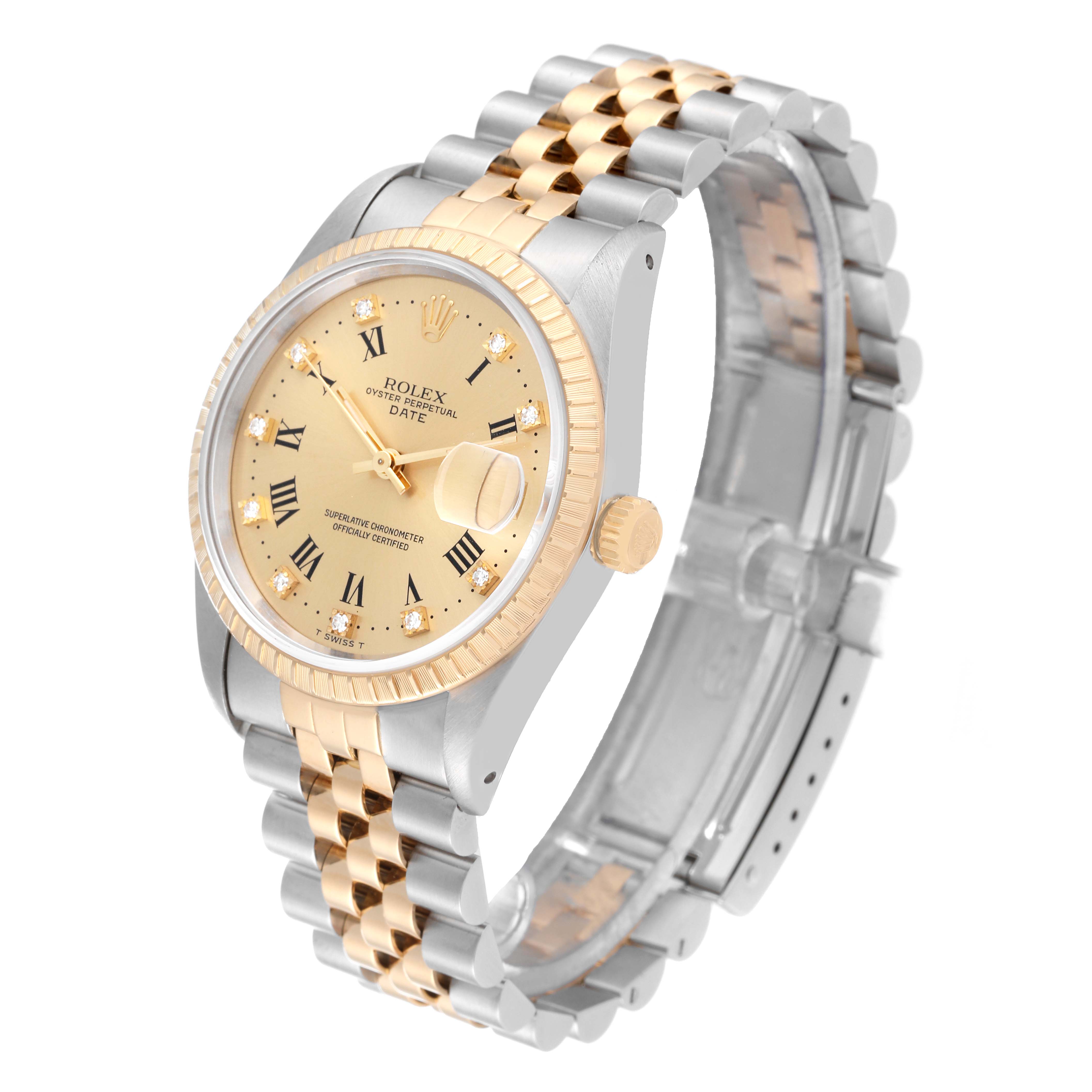 The image shows a Rolex Date 15223 Men's Steel and Gold (two tone) Champagne Dial 15223 Men's Steel and Gold (two tone) Champagne Dial model watch at an angle highlighting the dial, bezel, crown, and two-tone jubilee bracelet.