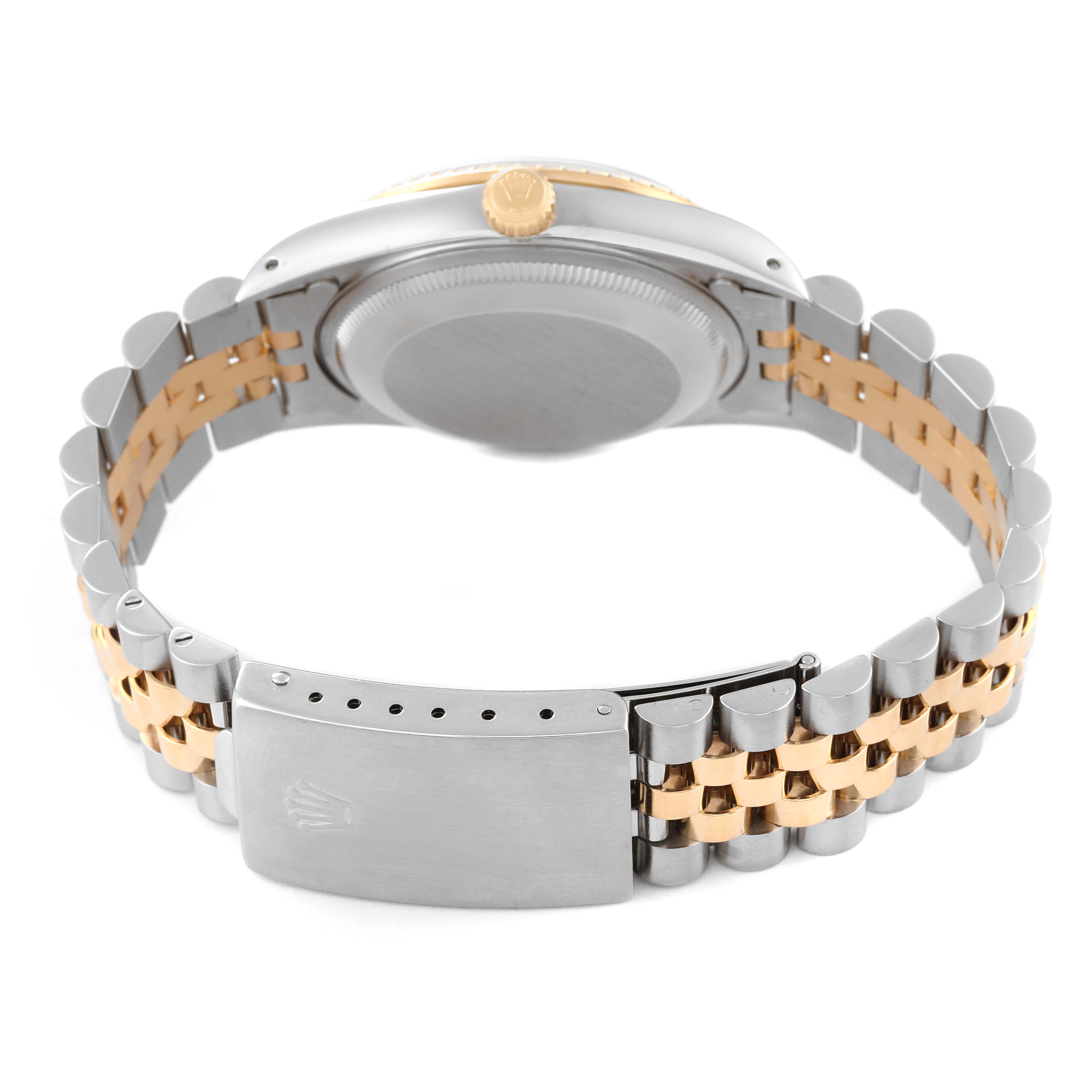 This image shows the back and clasp of a Rolex Date 15223 Men's Steel and Gold (two tone) Champagne Dial 15223 Men's Steel and Gold (two tone) Champagne Dial model watch, highlighting the two-tone bracelet.