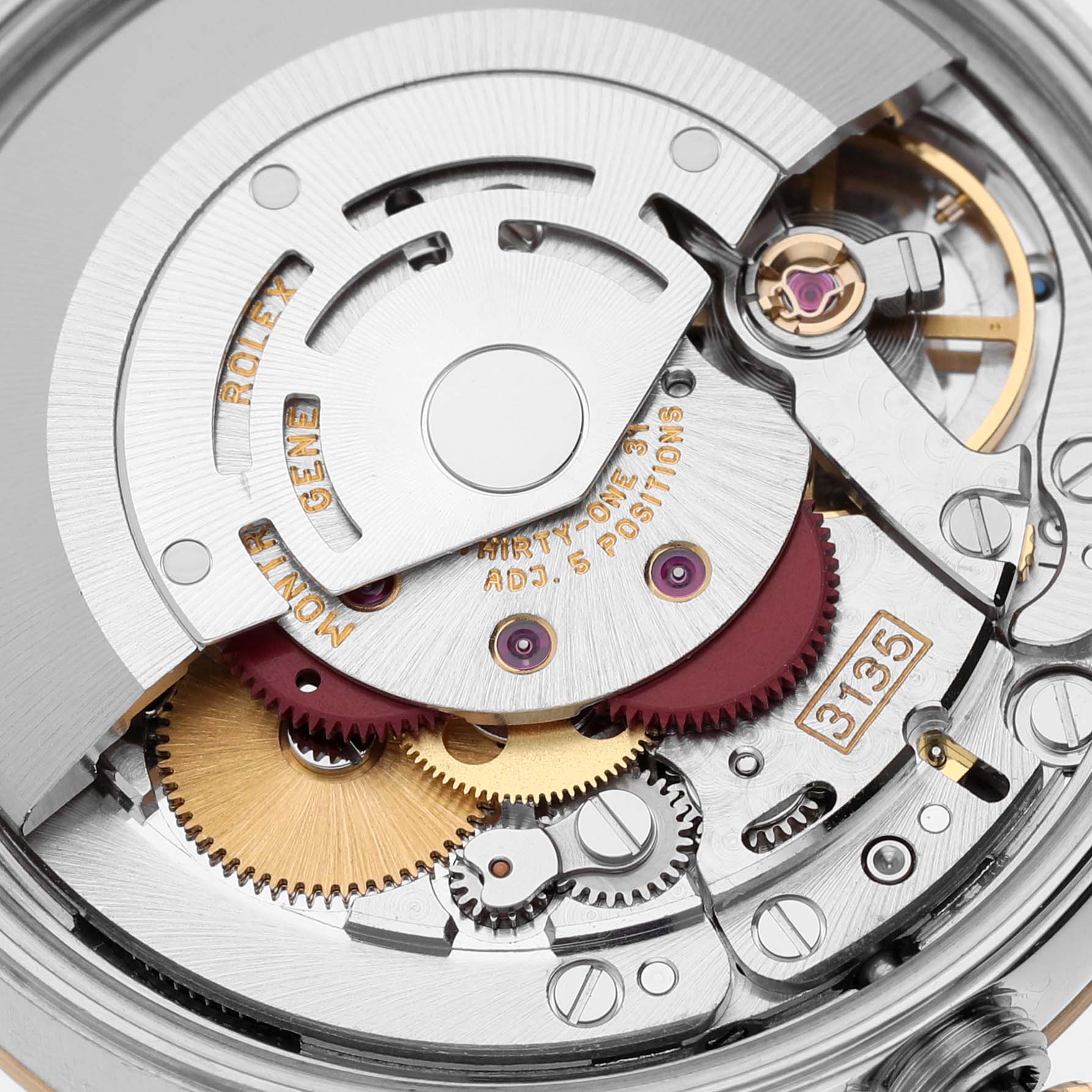 This image shows the intricate internal movement of a Rolex Date 15223 Men's Steel and Gold (two tone) Champagne Dial 15223 Men's Steel and Gold (two tone) Champagne Dial model watch at a close-up angle.