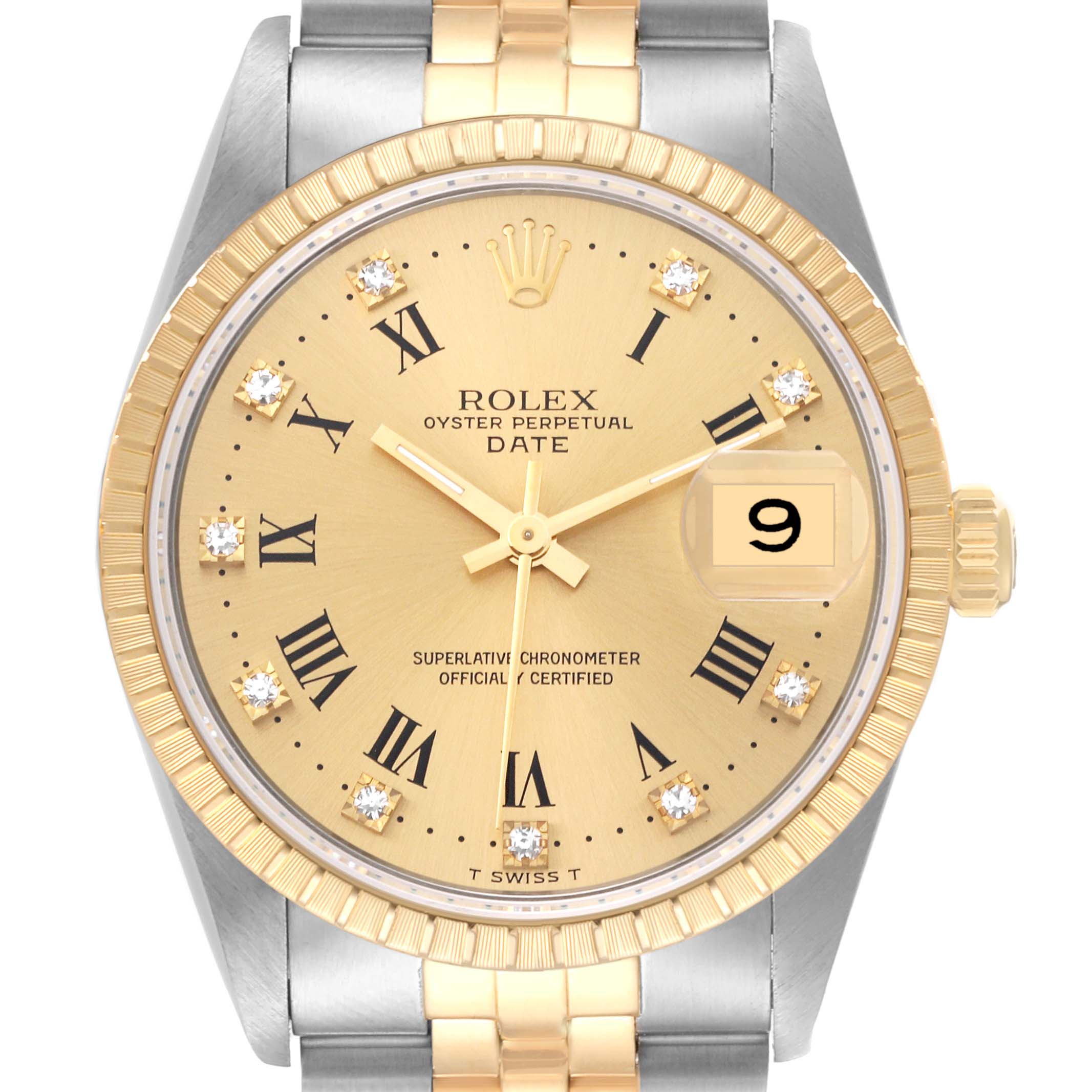 This is a close-up view of the dial and part of the bracelet of a Rolex Date 15223 Men's Steel and Gold (two tone) Champagne Dial 15223 Men's Steel and Gold (two tone) Champagne Dial watch, showing the time, date window, and watch face in detail.