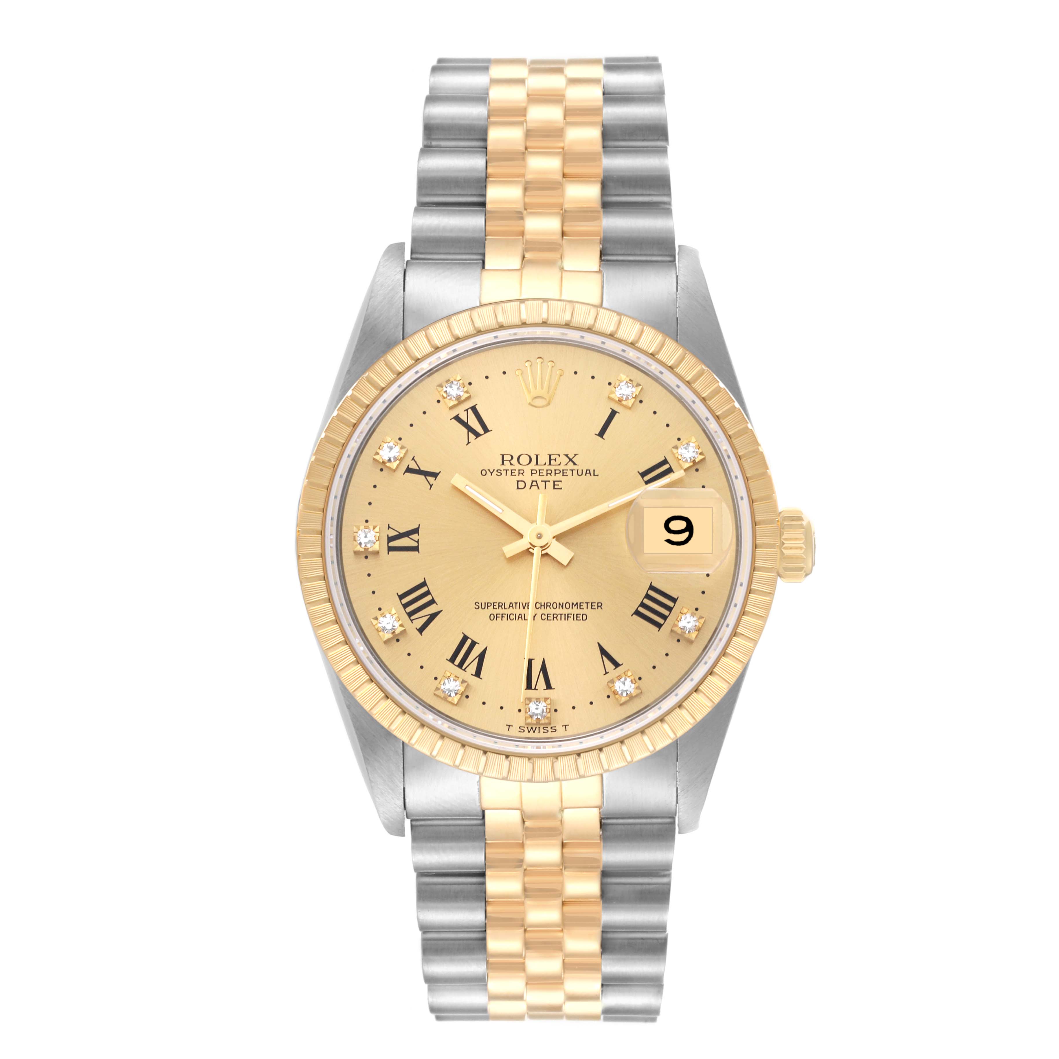 This image shows a front view of a Rolex Date 15223 Men's Steel and Gold (two tone) Champagne Dial 15223 Men's Steel and Gold (two tone) Champagne Dial model watch, highlighting its gold dial, fluted bezel, and two-tone bracelet.