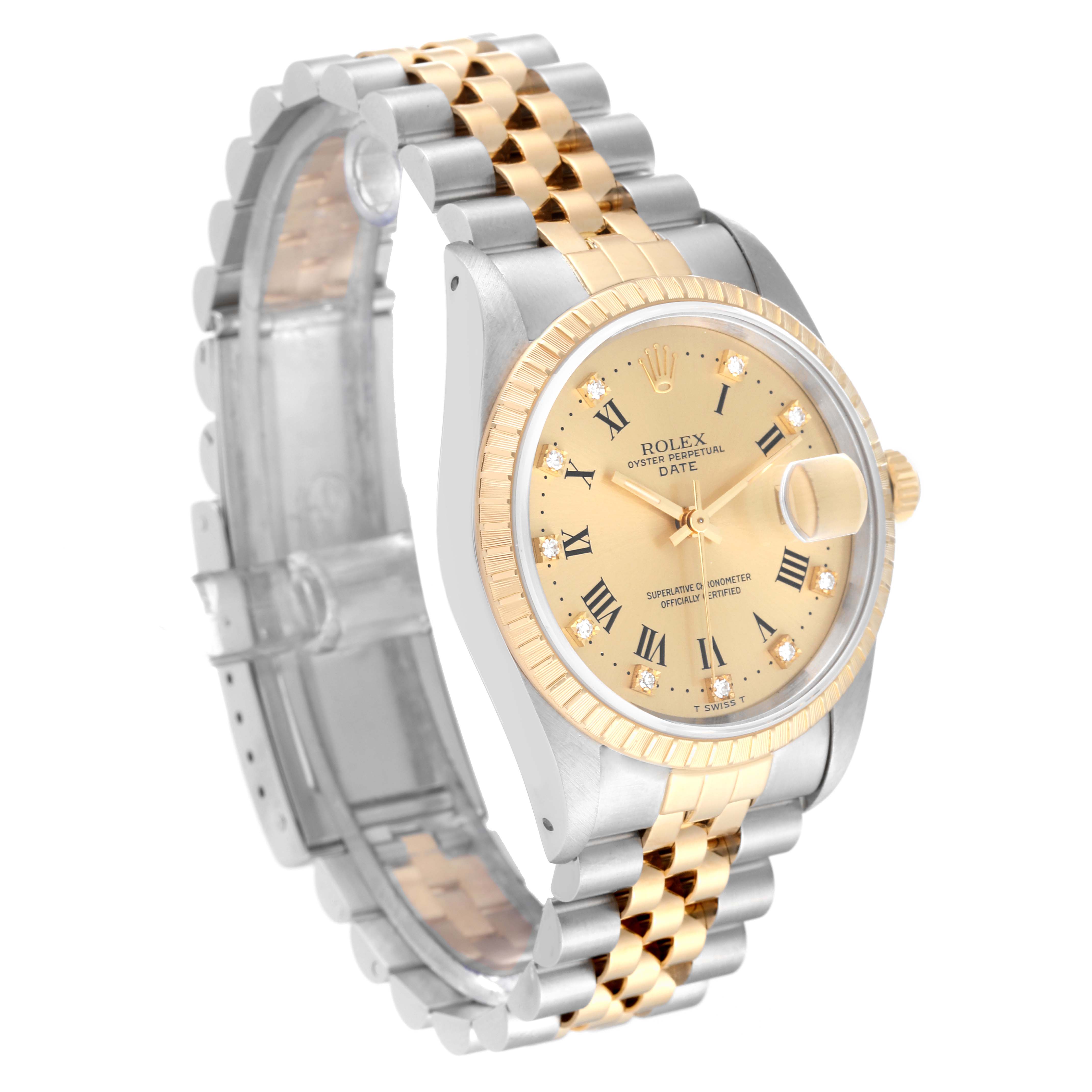 The Rolex Oyster Perpetual Date model is shown at a right-angle view, featuring its gold dial, fluted bezel, and two-tone bracelet.