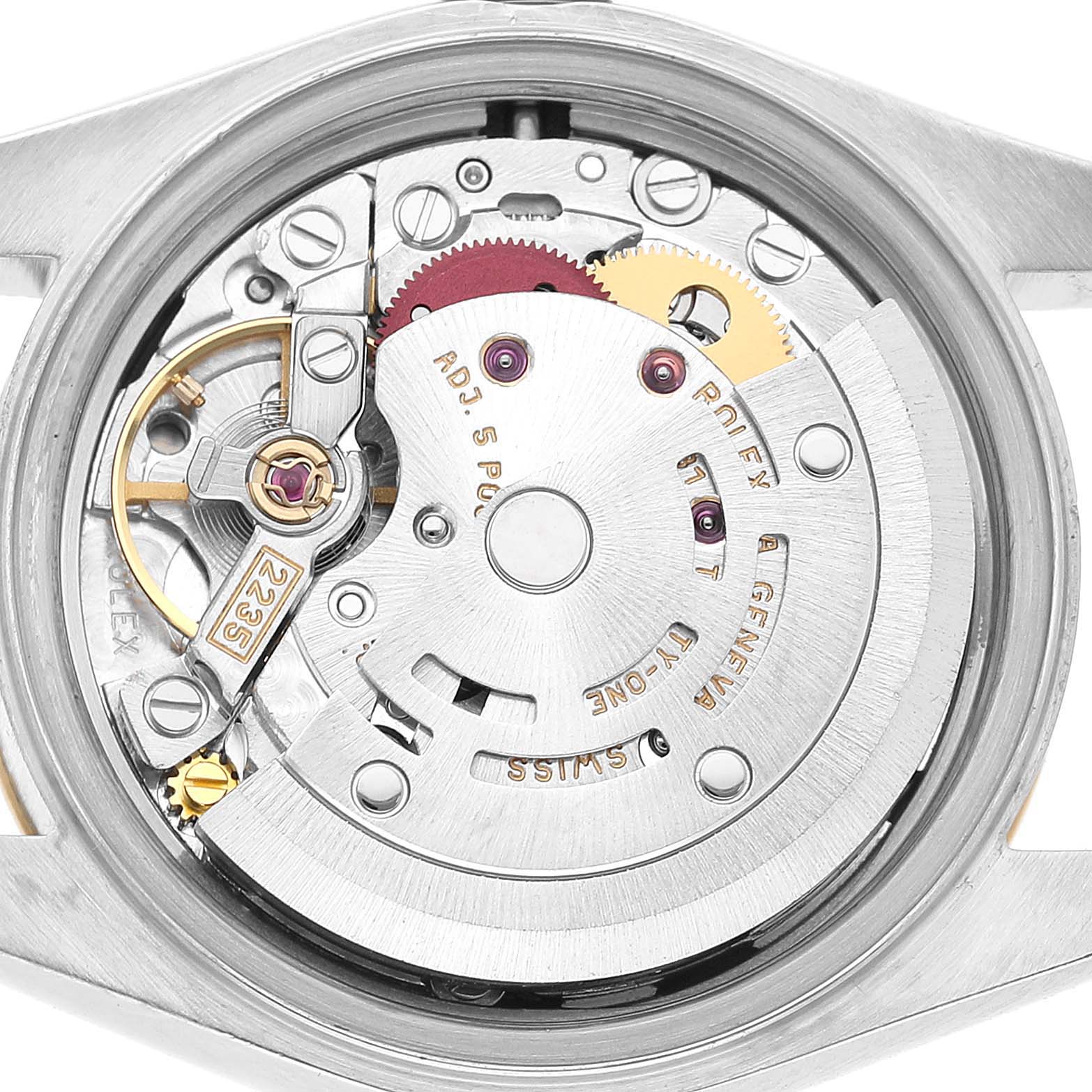 The image shows the movement of a Rolex Datejust 79163 Women's Steel and Gold (two tone) Silver Dial watch from a top-down angle, revealing its detailed internal mechanics.