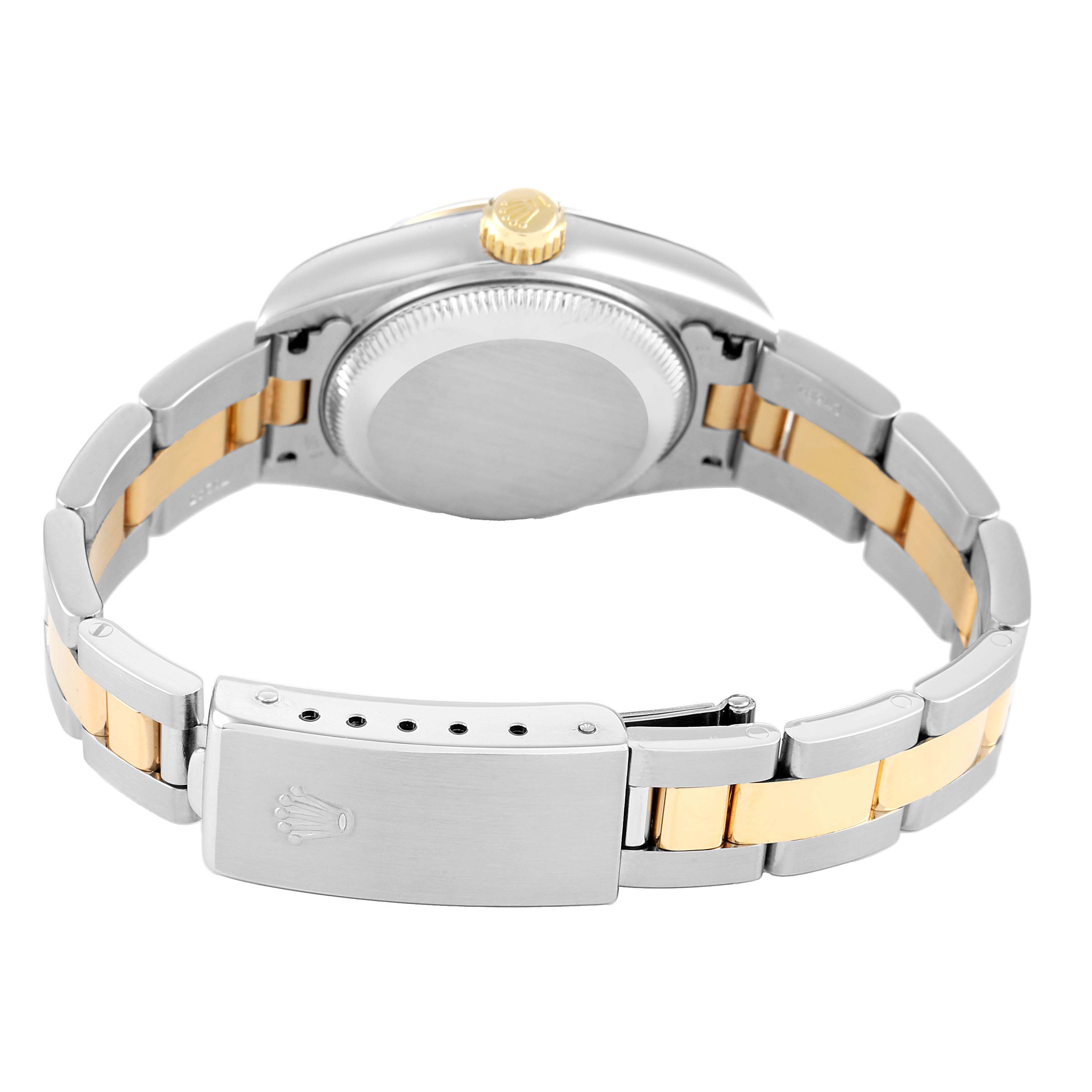 The image shows the back and clasp of a Rolex Datejust 79163 Women's Steel and Gold (two tone) Silver Dial watch, highlighting the two-tone bracelet and crown.