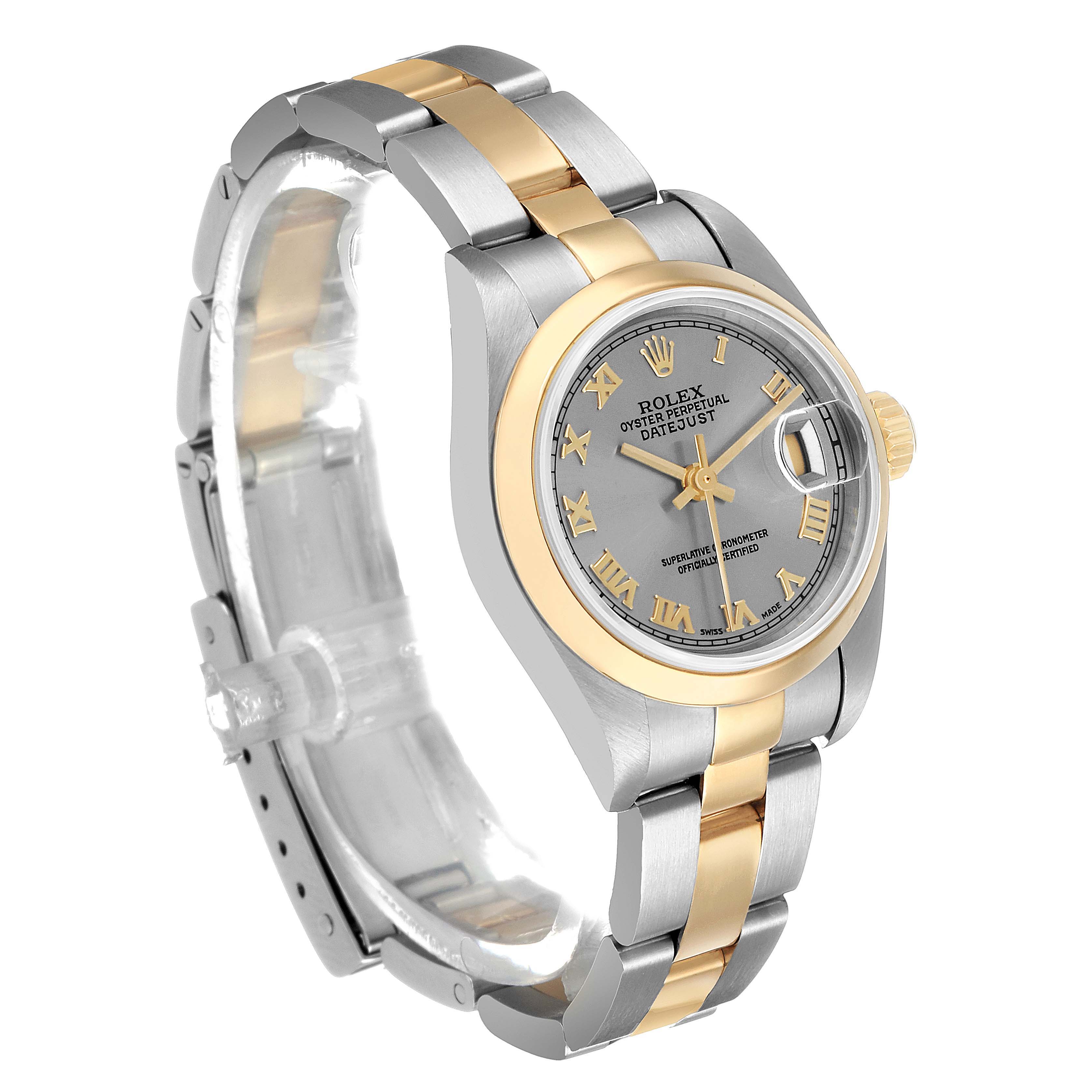 The Rolex Datejust 79163 Women's Steel and Gold (two tone) Silver Dial is shown at a three-quarter angle, displaying the face, bezel, and part of the bracelet.