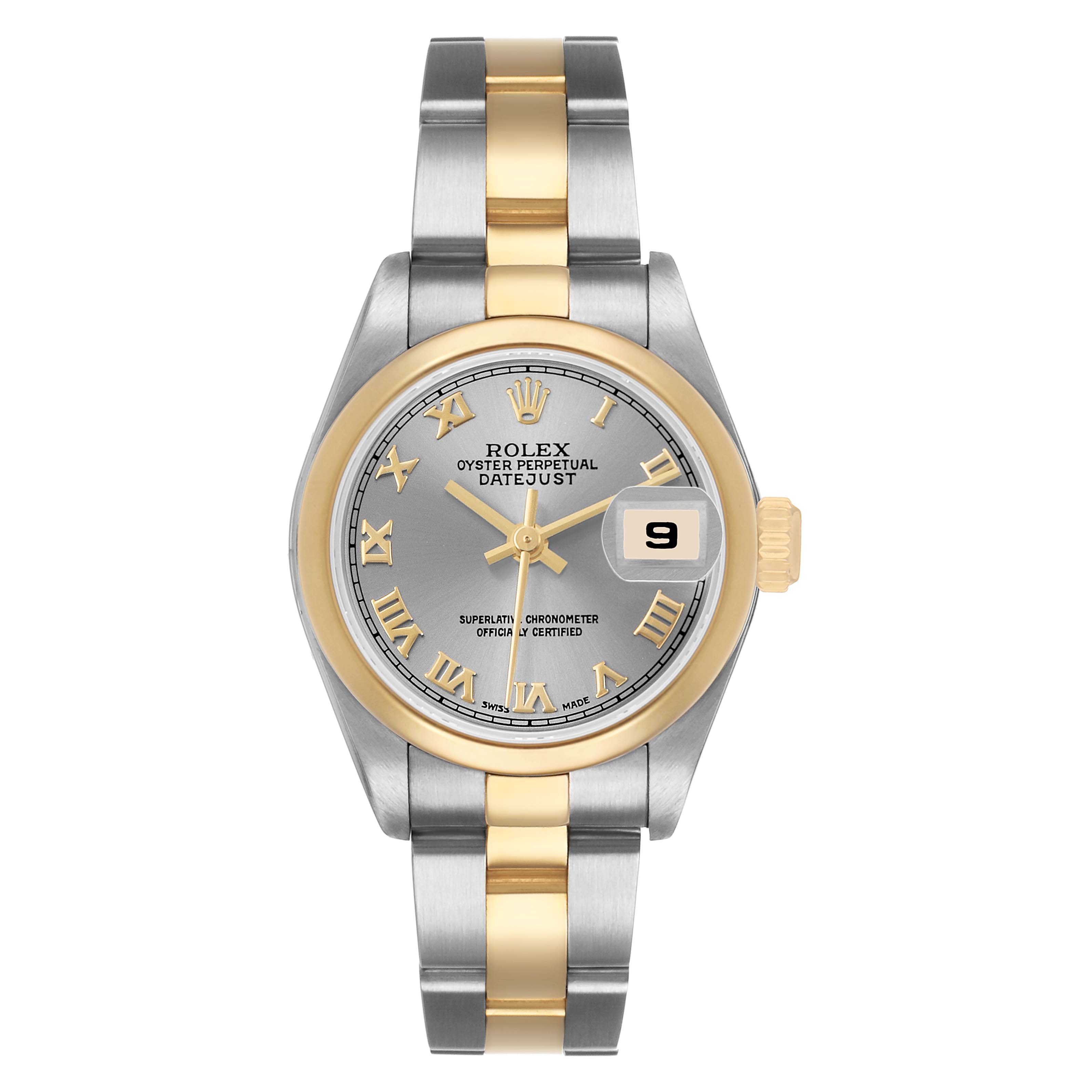 The Rolex Datejust 79163 Women's Steel and Gold (two tone) Silver Dial watch is shown from the front, displaying the dial, bezel, crown, and two-tone bracelet.