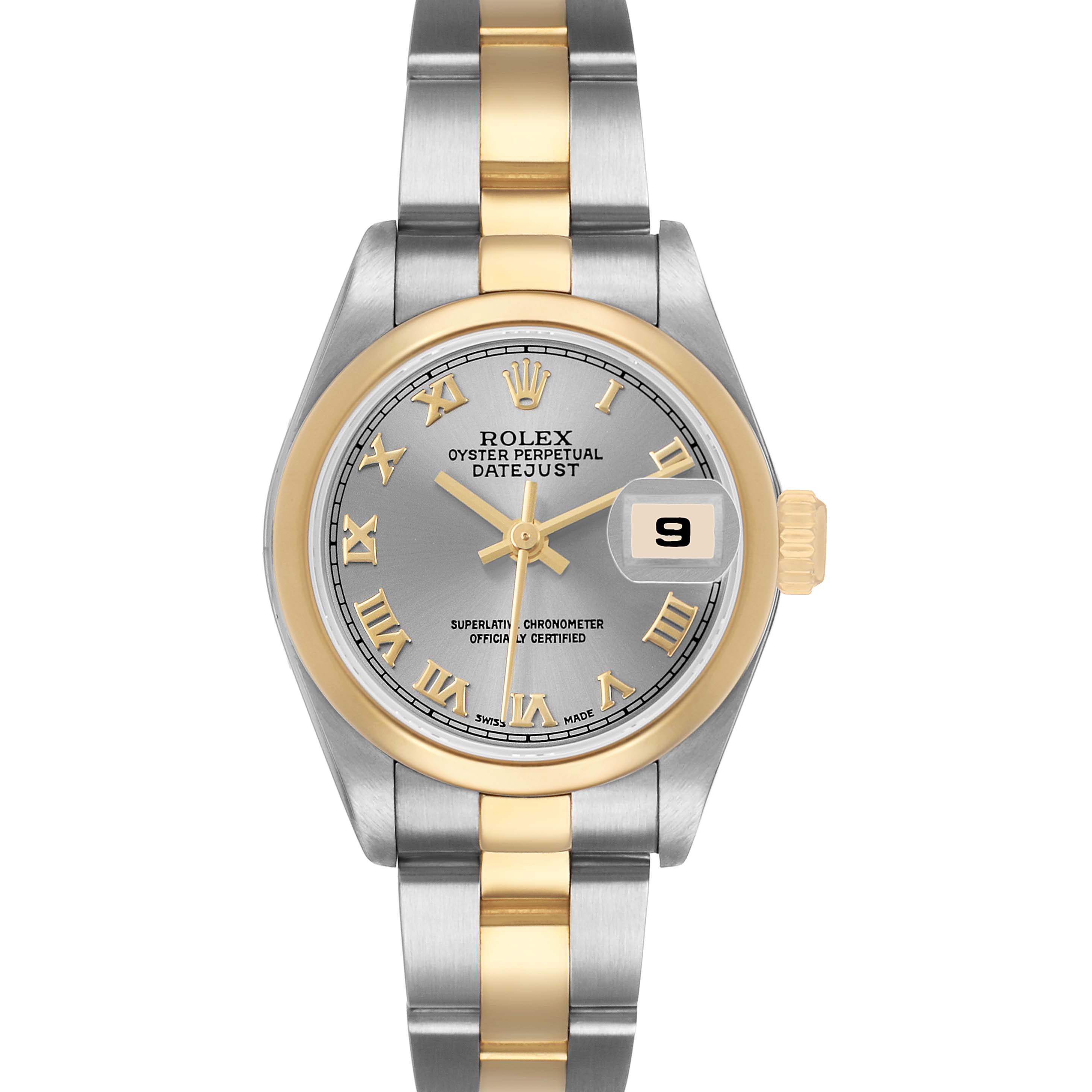 The Rolex Datejust 79163 Women's Steel and Gold (two tone) Silver Dial watch is shown from a top-down angle, highlighting the two-tone bracelet, dial, bezel, and date window.